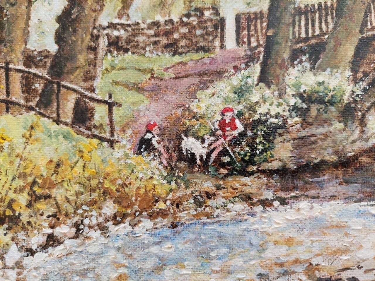 English  Schooltraditional English Painting River Workers, Beckford Bridge Bingley Yorkshire20th Century photo for sale