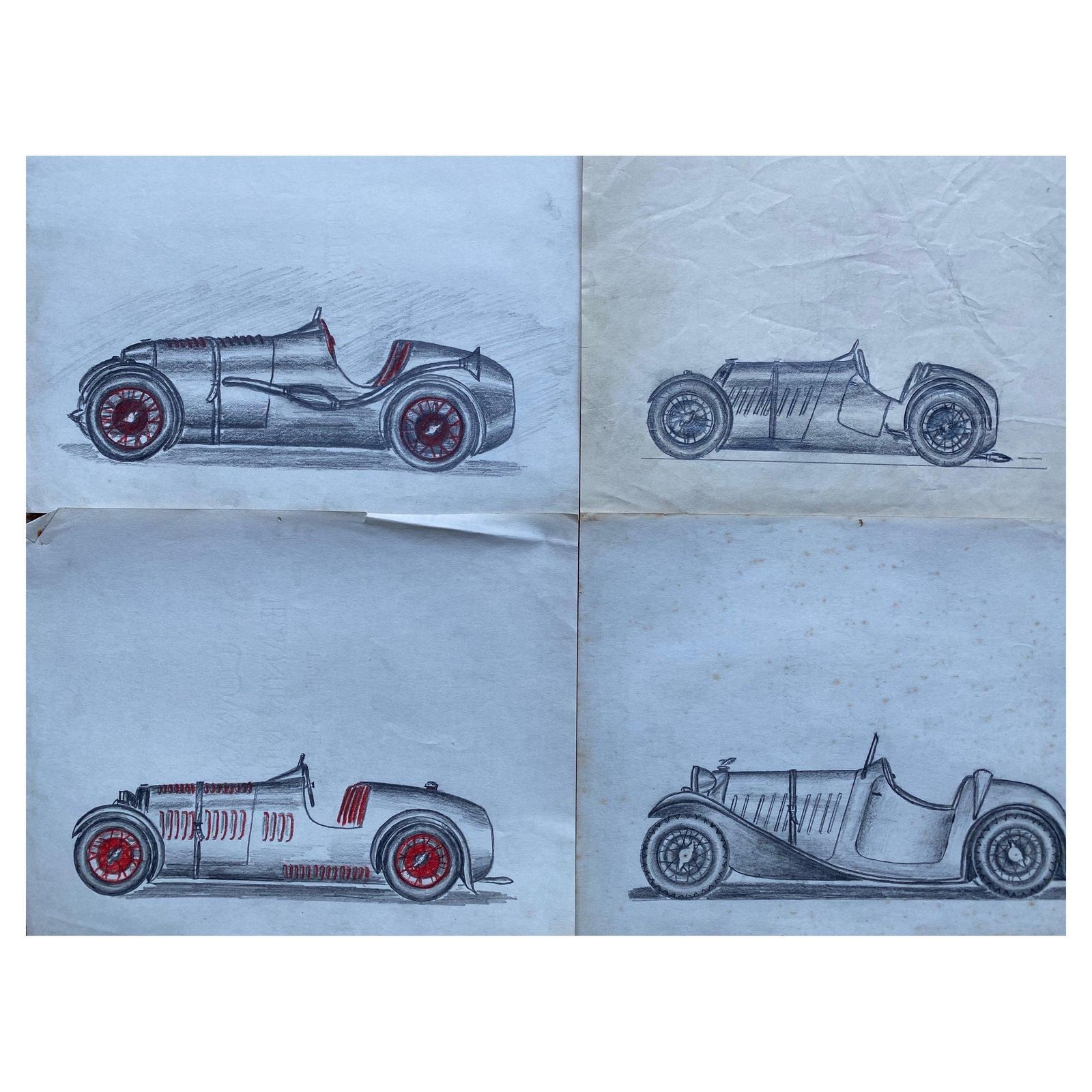 Unknownset Of Four 1930's Motor Car Racing Original Drawingscirca 1930s