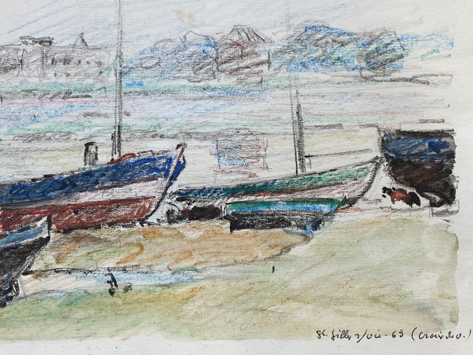 Unknowncamille Meriot French Signed Impressionist Crayon Drawing, Atmospheric Boatscirca 1940s photo furniture