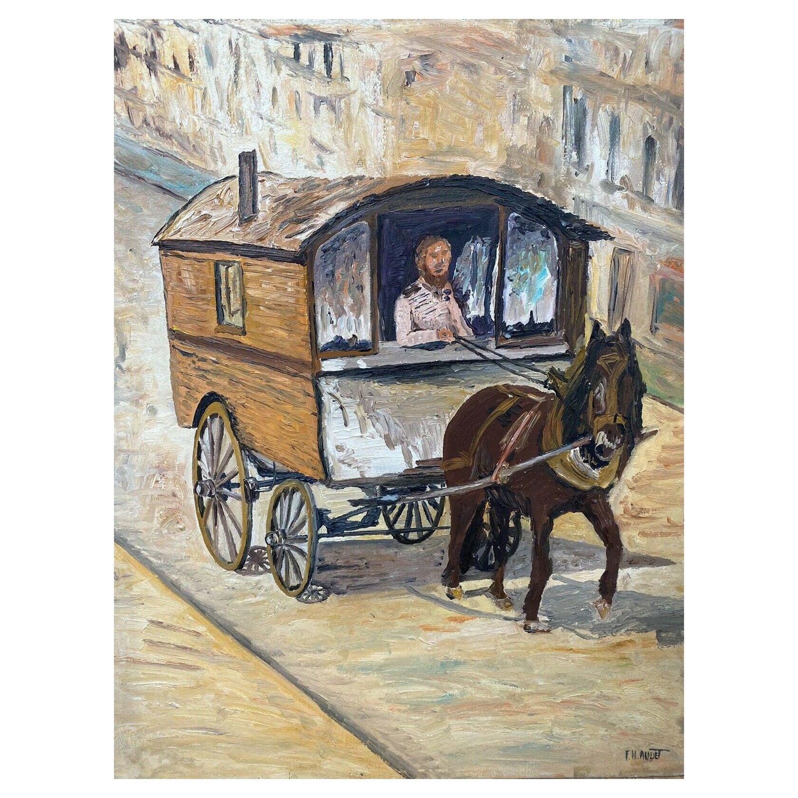 Unknownfernand Audet French Impressionist Oil, Horse Towing Caravanmid 20th Century
