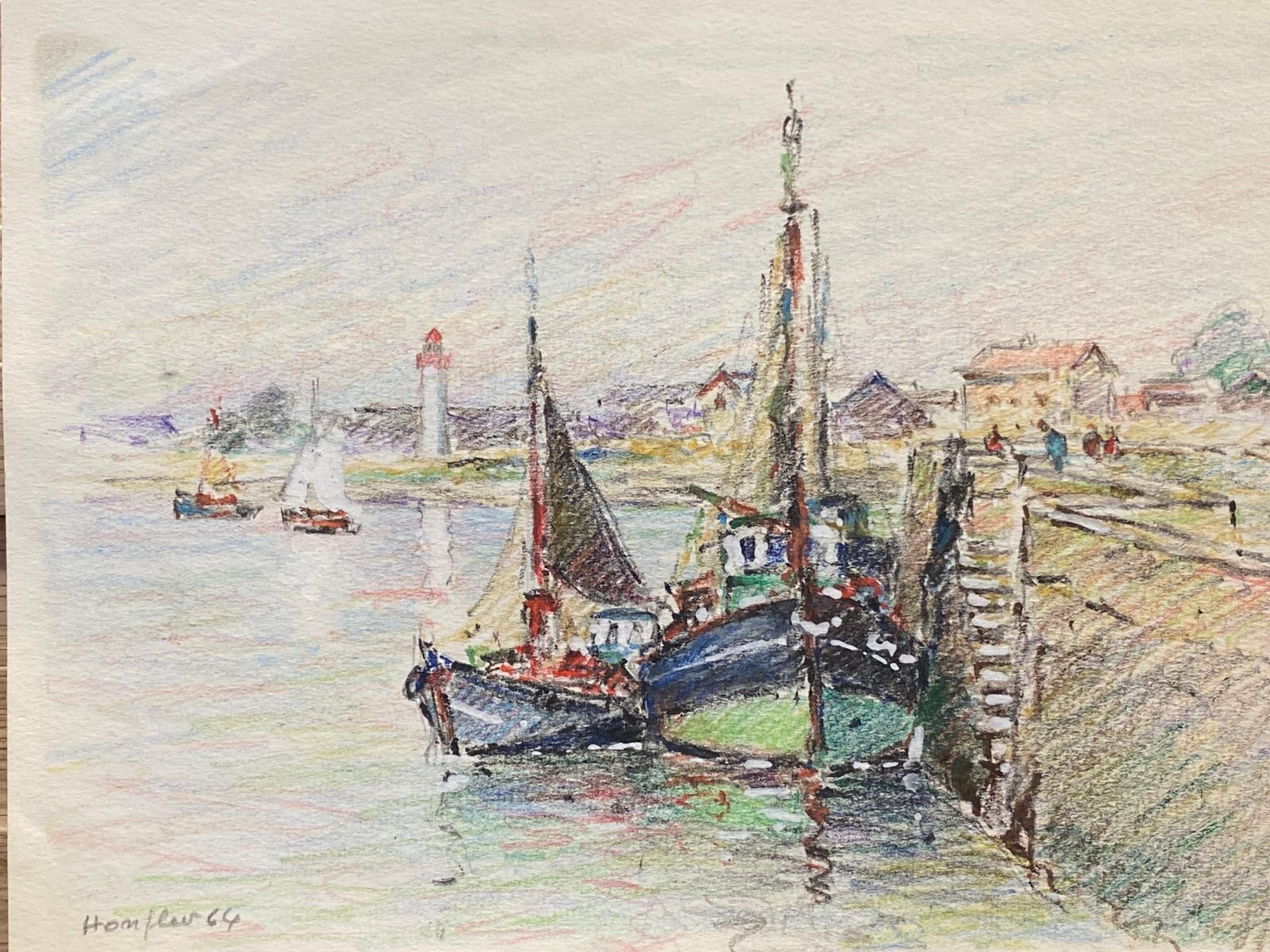 Unknownbrittany Fishing Boats In Harbour, French Signed Impressionist Crayon Drawingcirca 1940s photo furniture