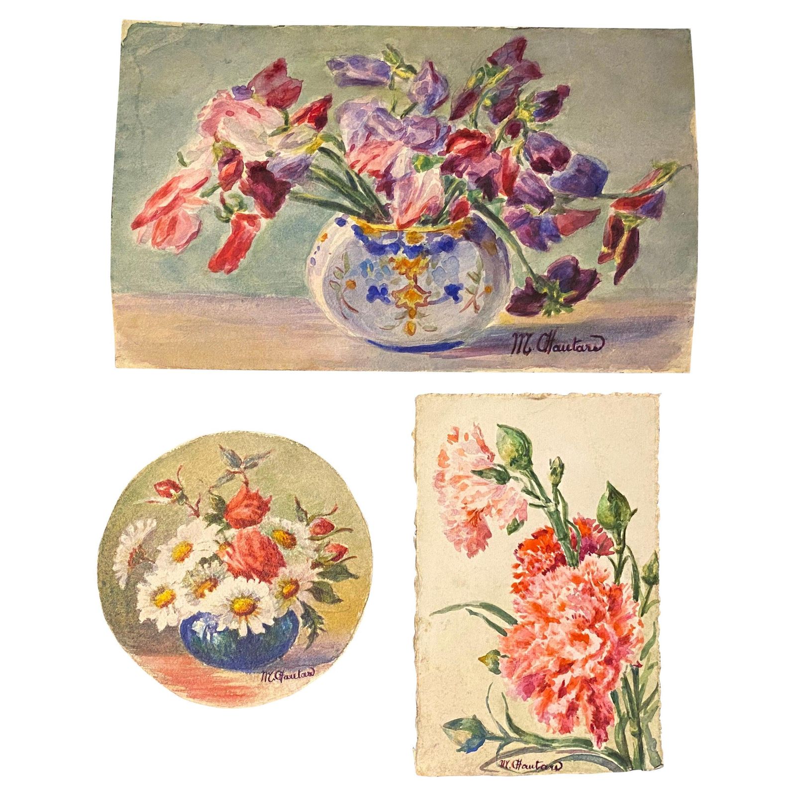 Unknown3 X 1900's French Impressionist Signed Flower Watercolours By Marie Carreaucirca 1900s