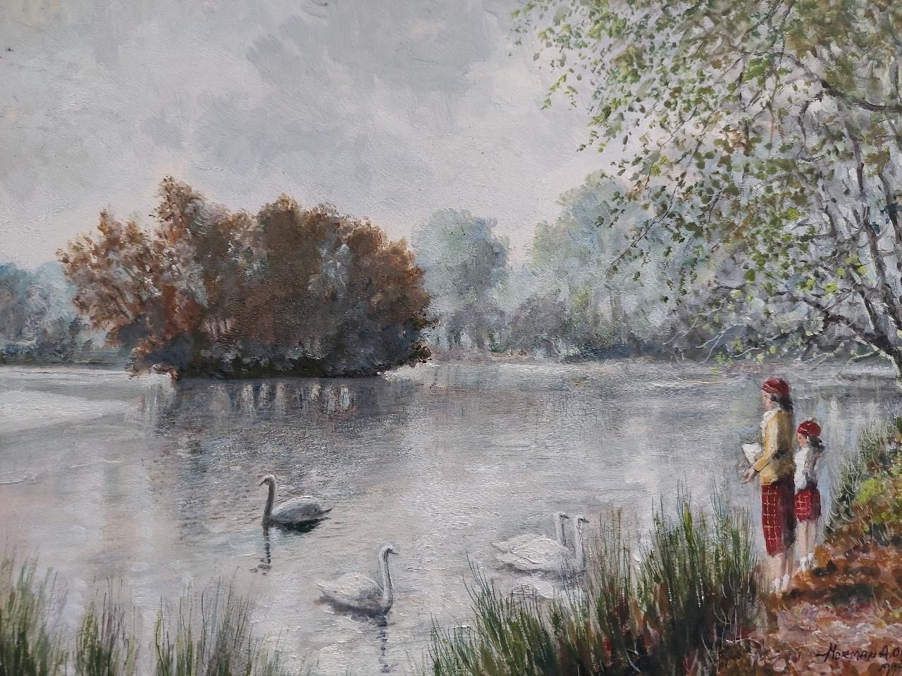 English  Schooltraditional English Painting Children Feeding Swans Richmond Park London20th Century photo vintage