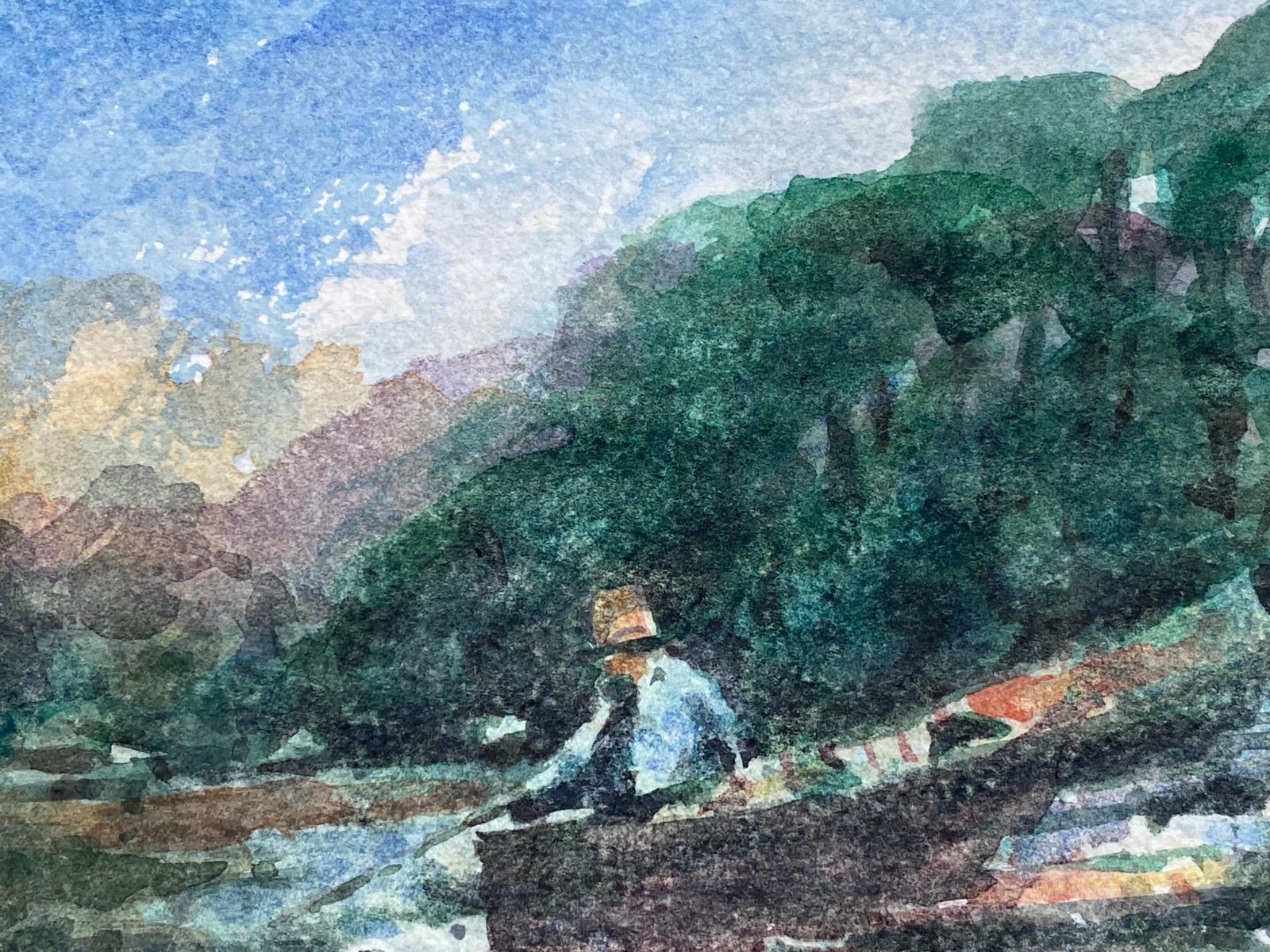 Unknownfrench Impressionist Signed Watercolour, Fisherman In Tranquil Lake20th Century photo furniture