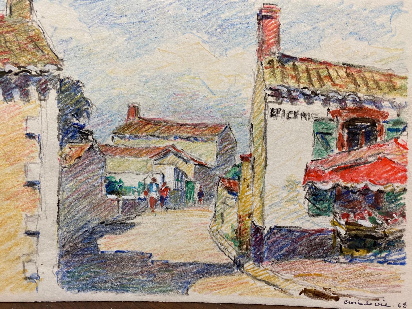 Unknowncamille Meriot French Signed Impressionist Crayon Drawing Brittany Village photo furniture