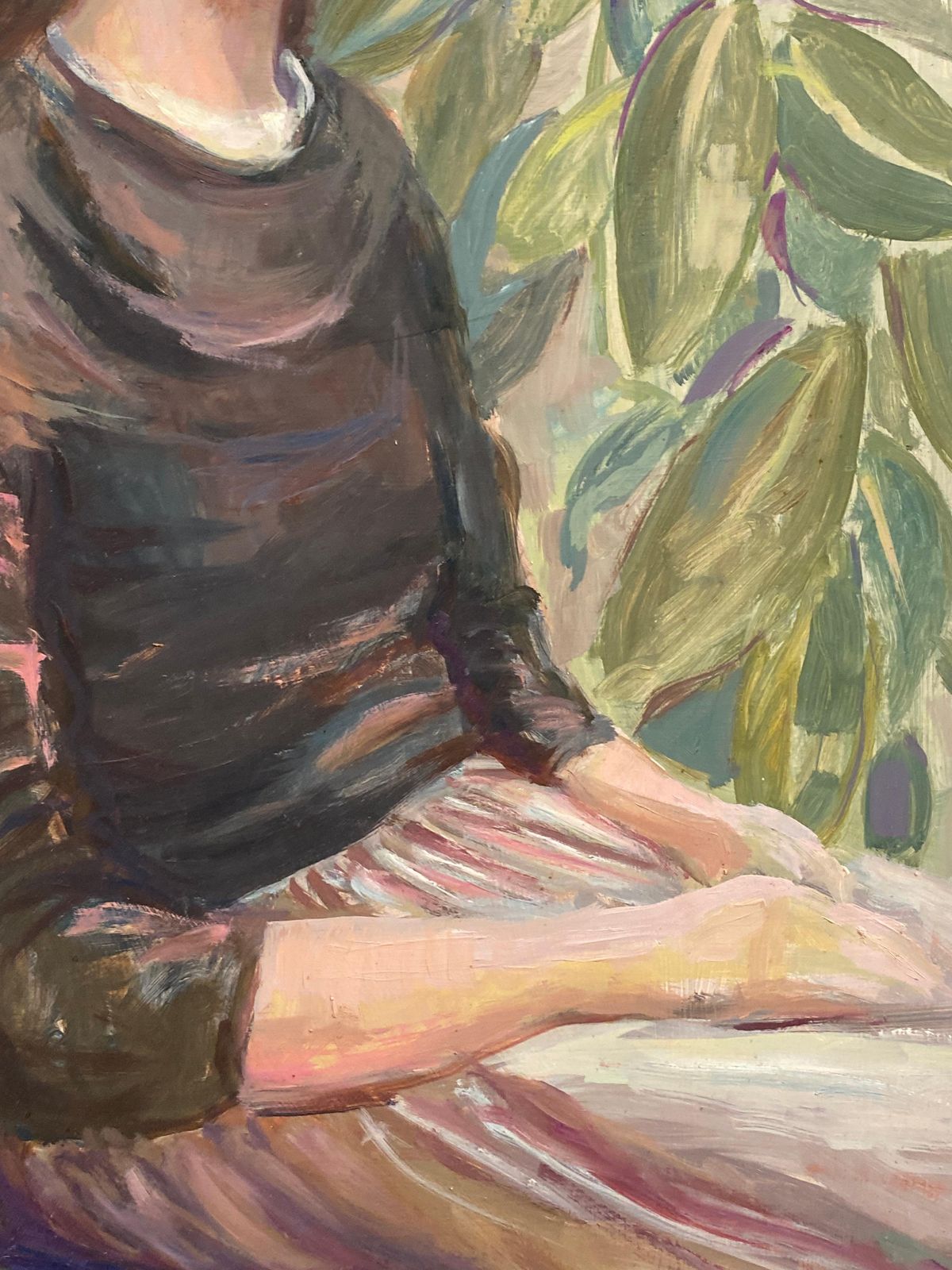 Unknownlarge 1960's British Original Oil Painting, Lady Sat Among Green Plantscirca 1960s photo for sale