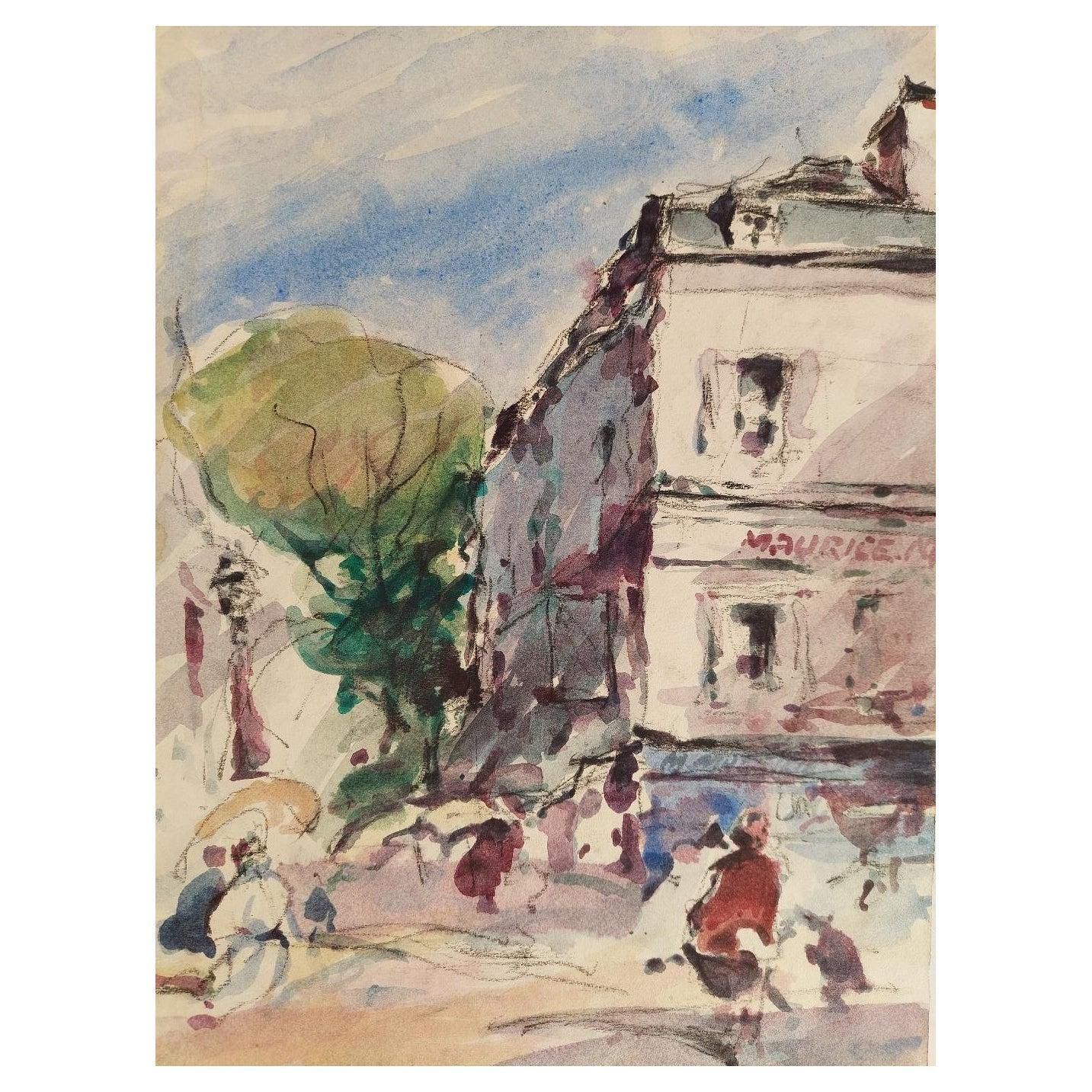 Maurice Mazeiliefrench, Modernist Cubist Painting Figures In A Parisian Street20th Century