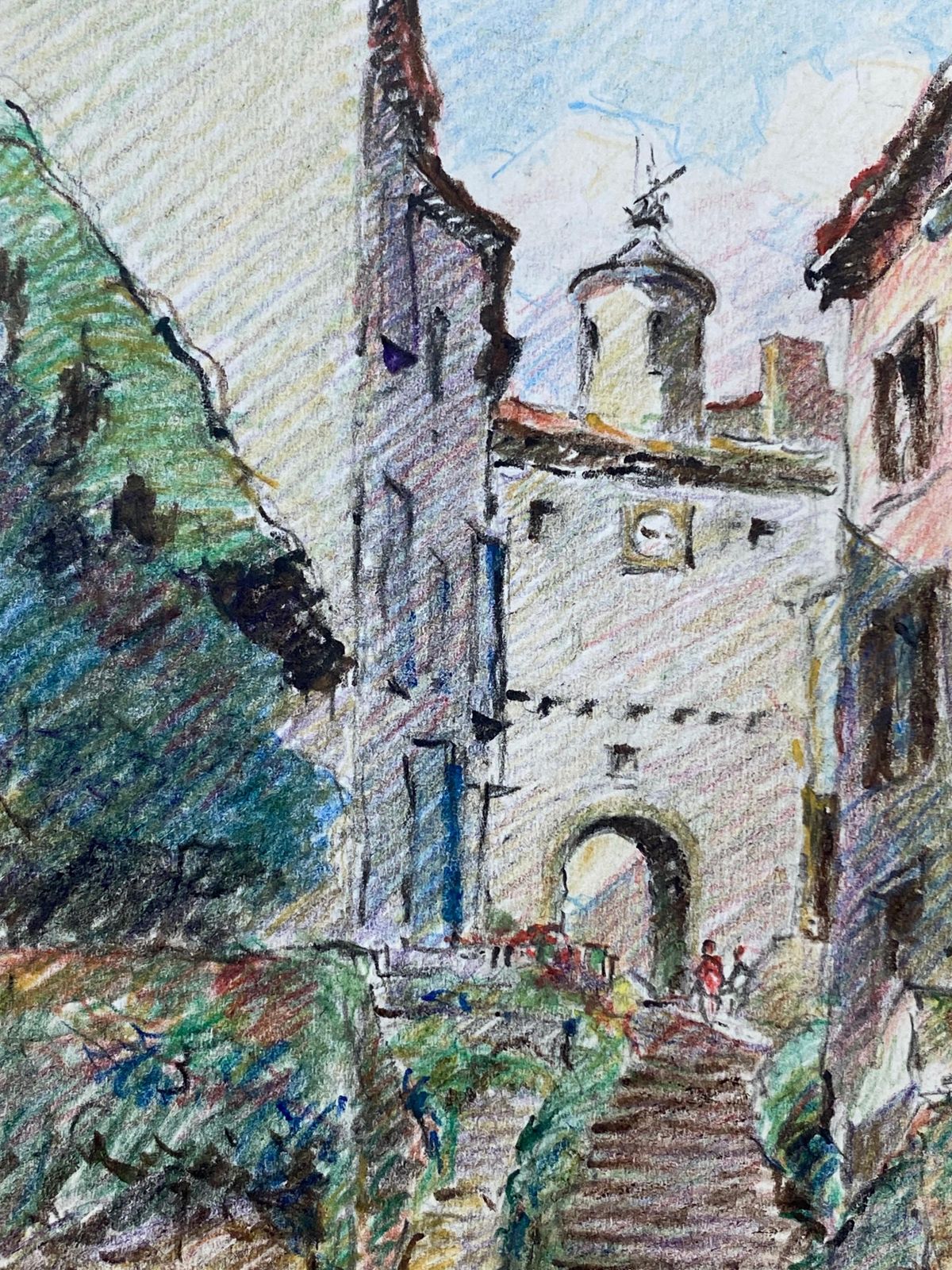 Unknownprovence Hill Top Town French Impressionist Crayon Drawingcirca 1940s photo Art