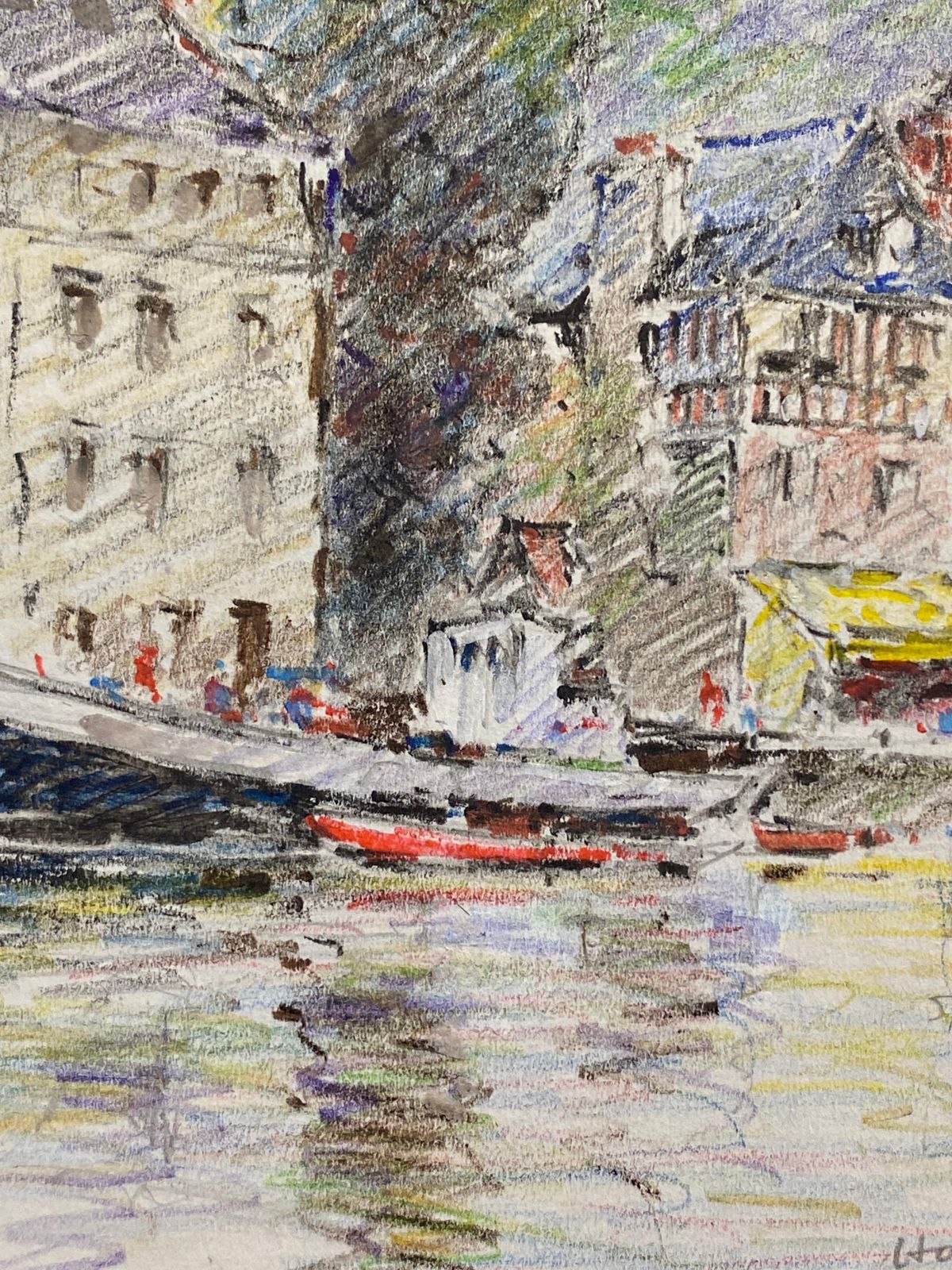 Unknownantique French Signed Impressionist Crayon Drawing Boats In Honfleur Harbour photo Art