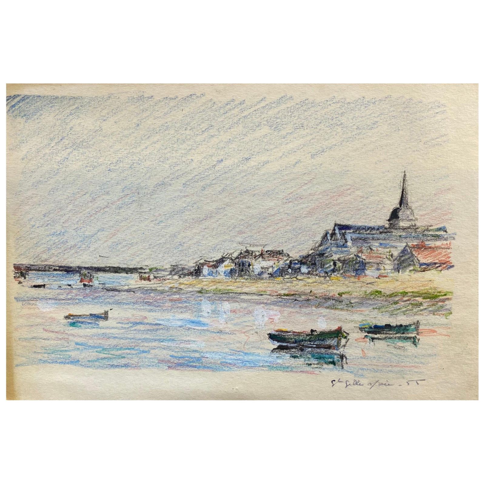 Unknownvintage French Signed Impressionist Crayon Drawing Brittany Coastline Boatscirca 1940s