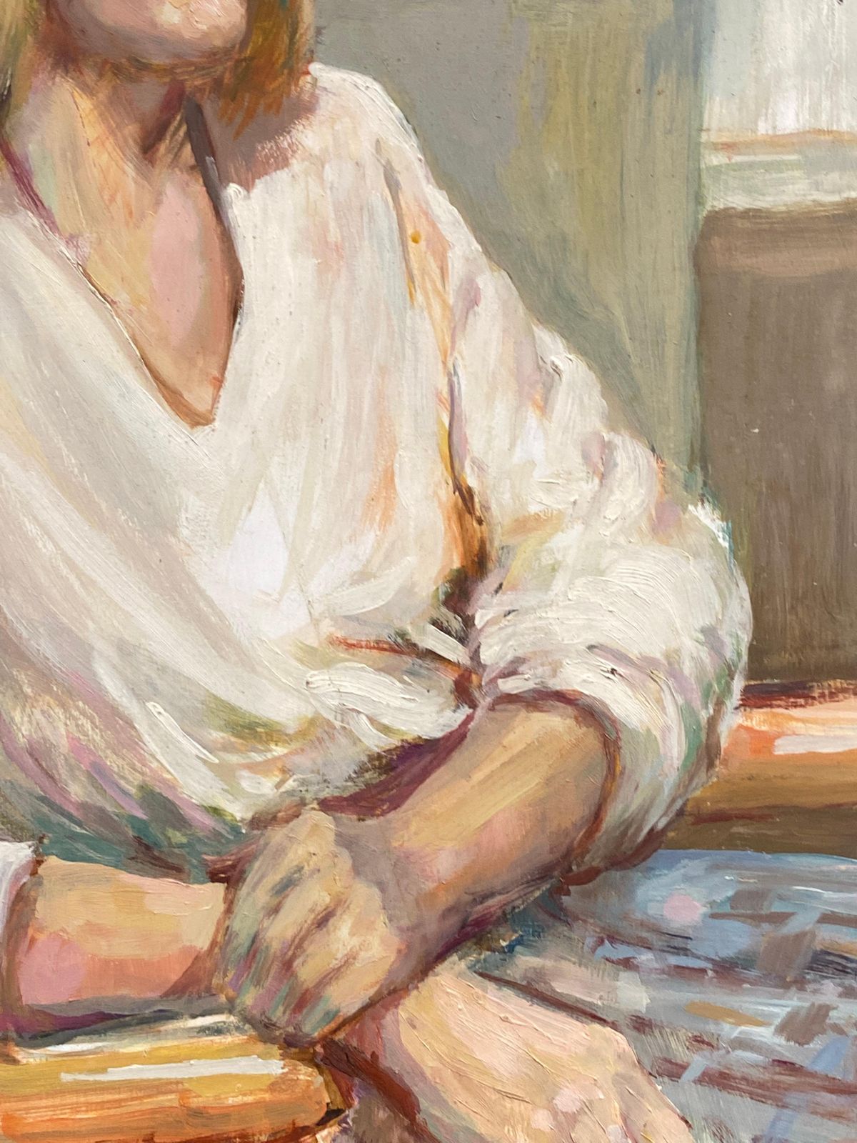 Unknownsigned Large 1960's British Original Oil Painting, Chic Lady On Chaircirca 1960s photo vinterior