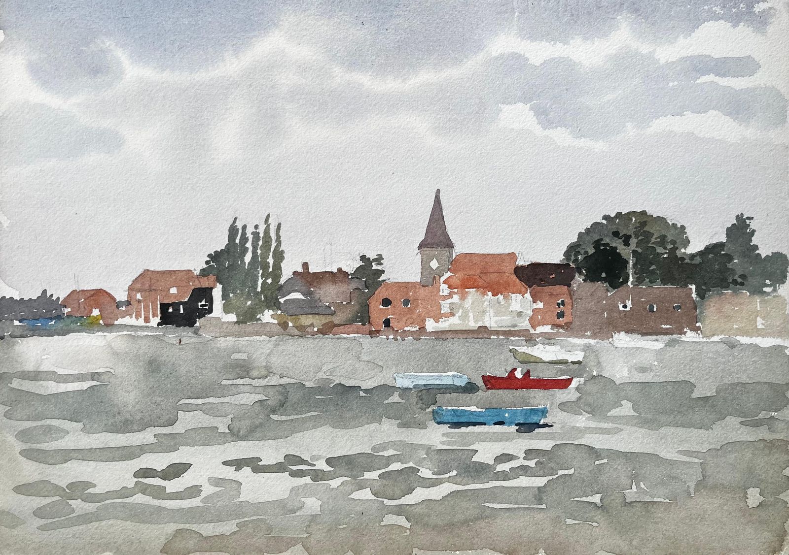 Anthony Herbertwaterside Village Scene With Boats And Church Bosham Sussex 1970s Watercolour1976