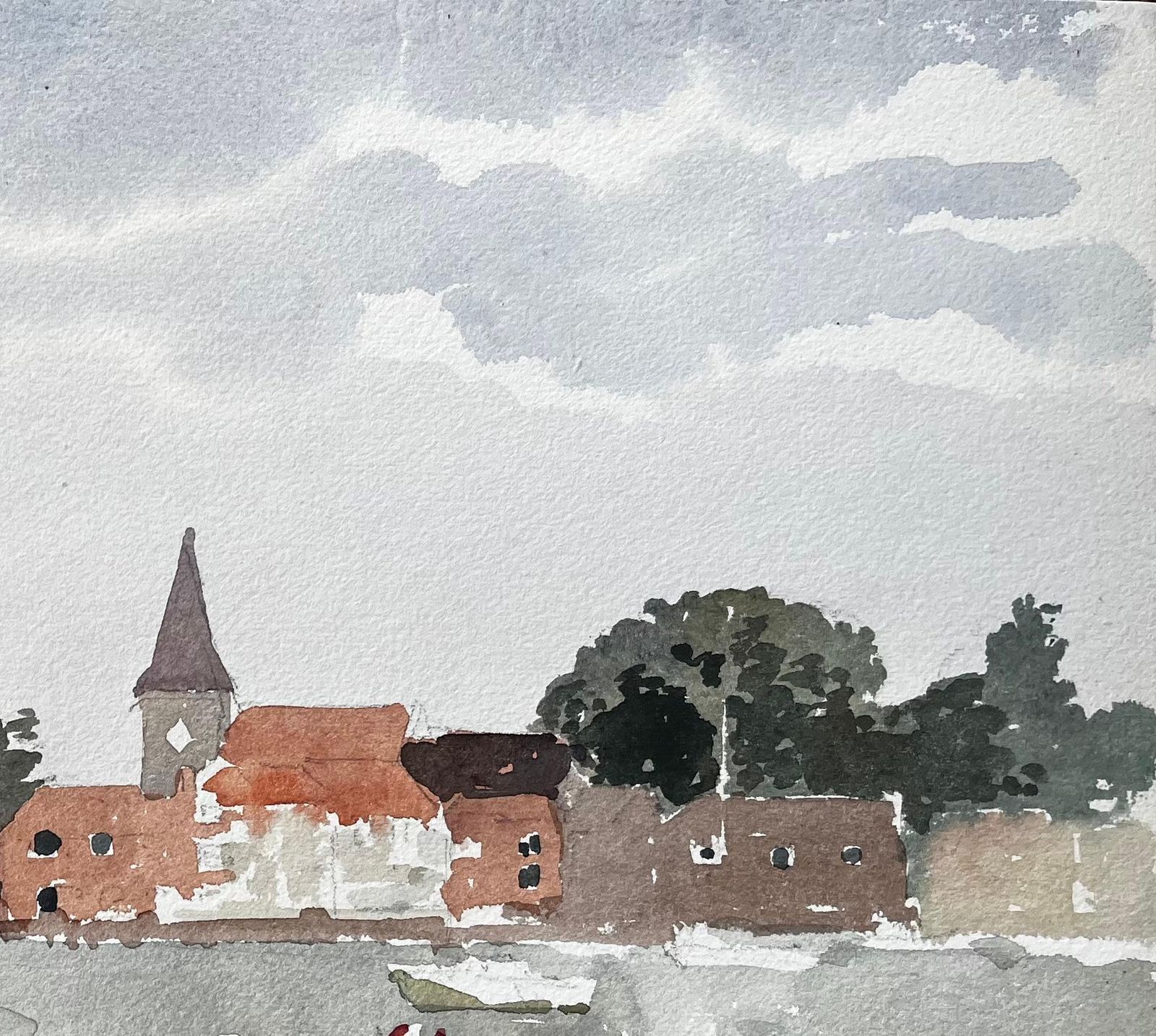 Anthony Herbertwaterside Village Scene With Boats And Church Bosham Sussex 1970s Watercolour1976 photo 270.0