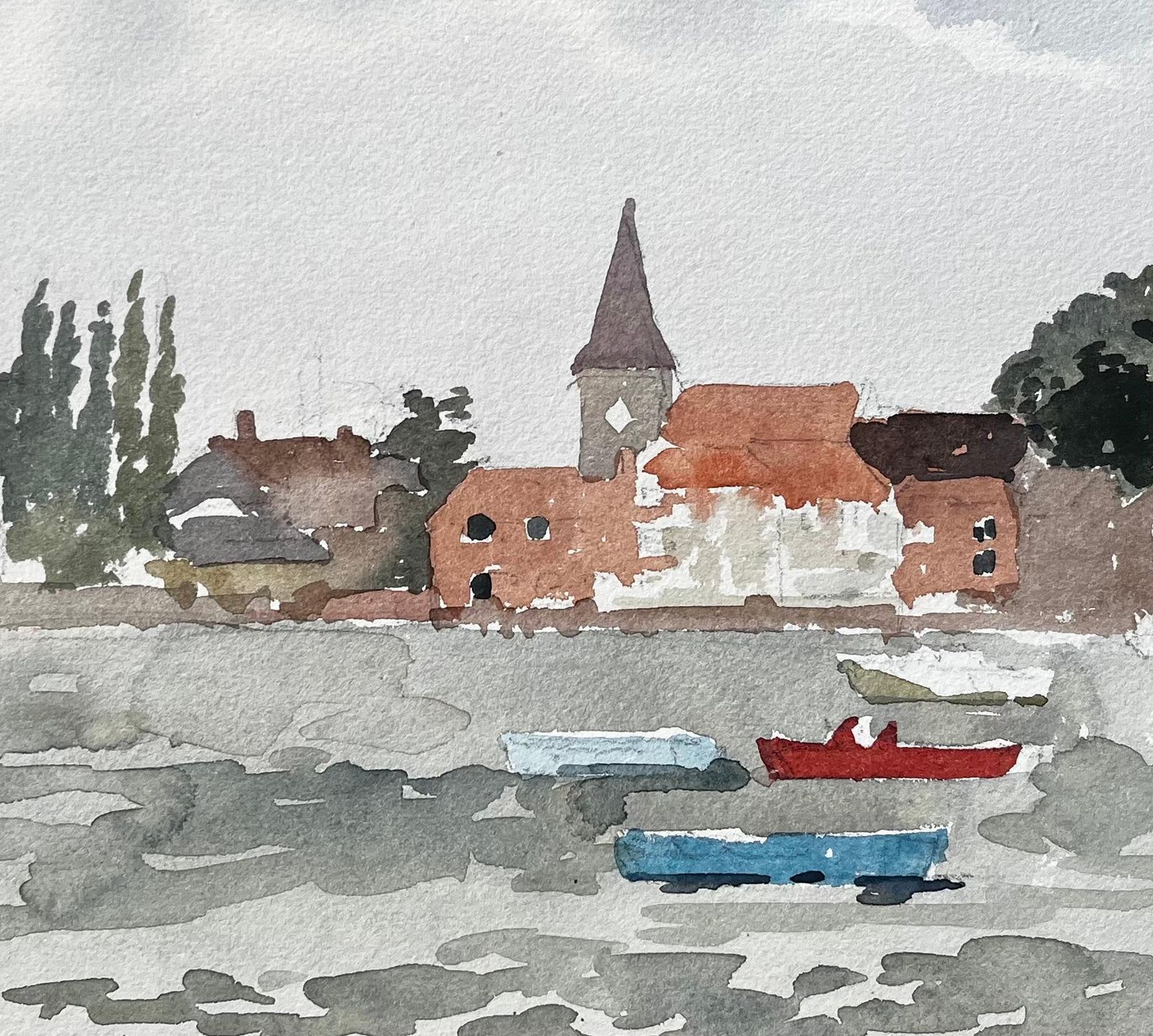 Anthony Herbertwaterside Village Scene With Boats And Church Bosham Sussex 1970s Watercolour1976 photo buy