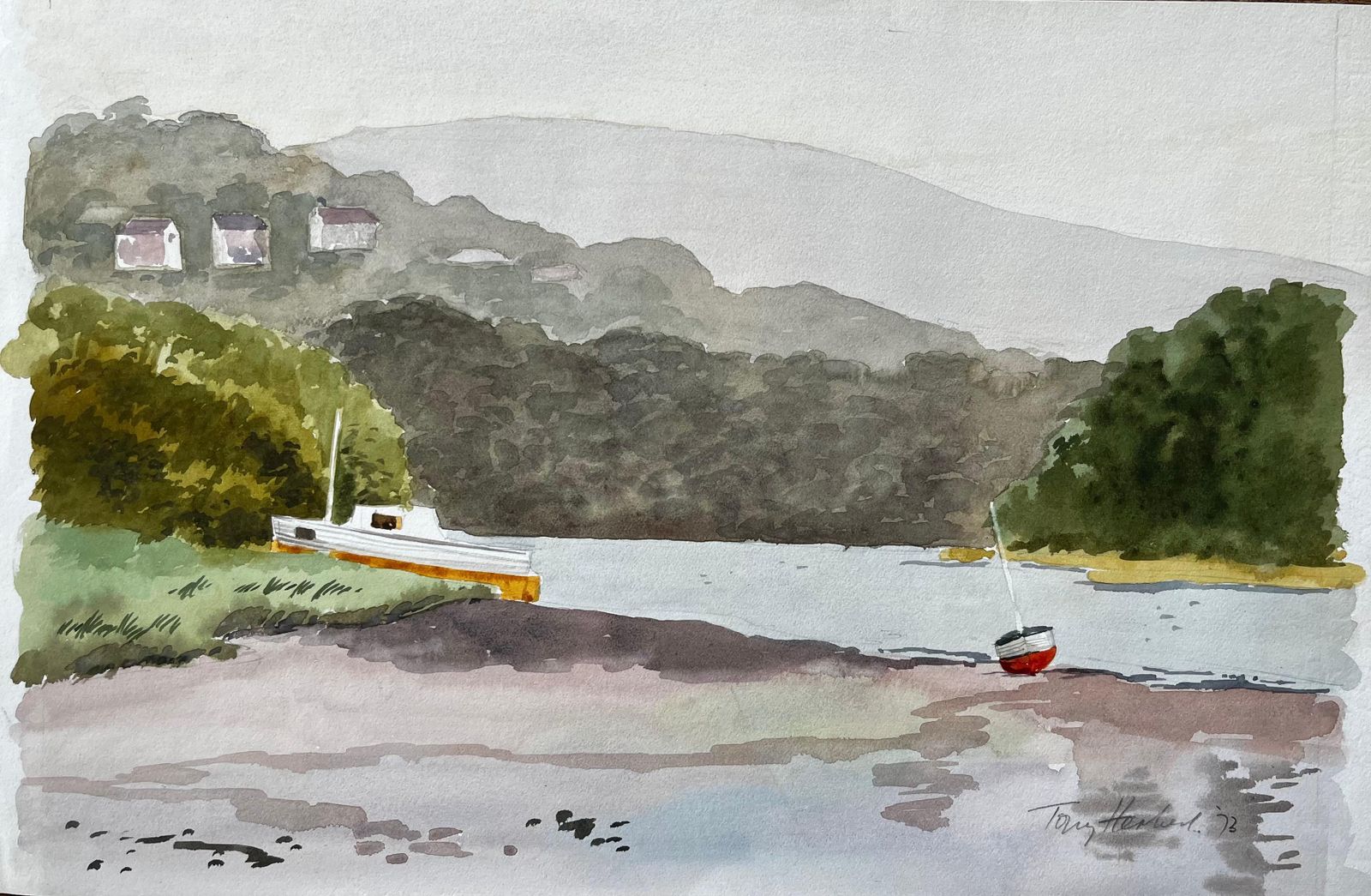 Anthony Herbertst Dogmaels Pembrokeshire River Estuary Landscape Boat Watercolour Painting1973