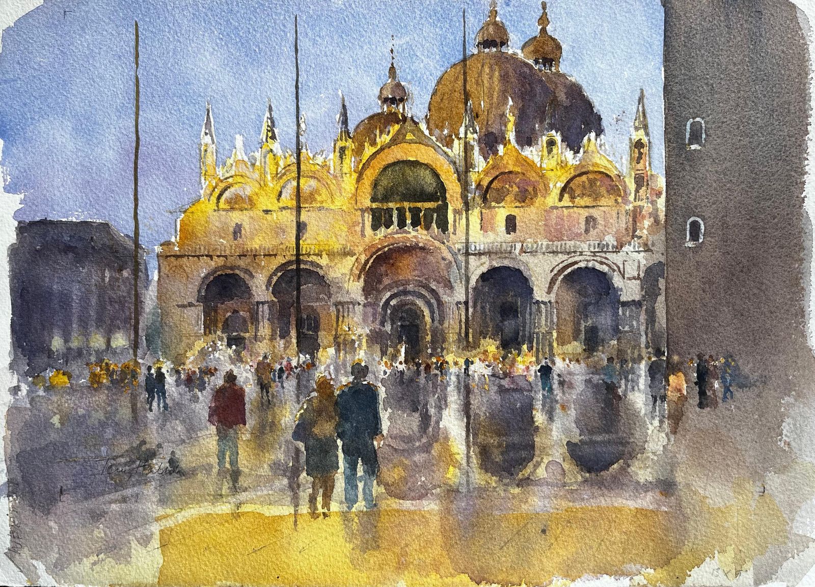 Anthony Herbertst Marks Basilica Venice In Golden Light With Crowds And Reflections Watercolour