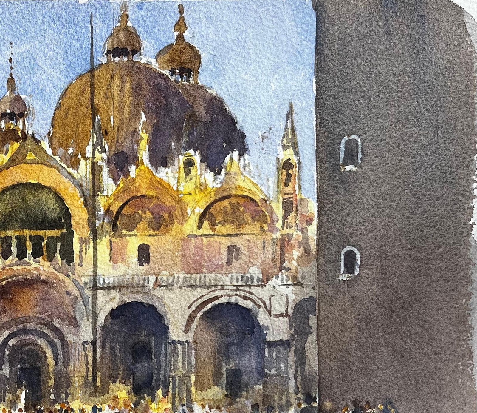 Anthony Herbertst Marks Basilica Venice In Golden Light With Crowds And Reflections Watercolour photo for sale
