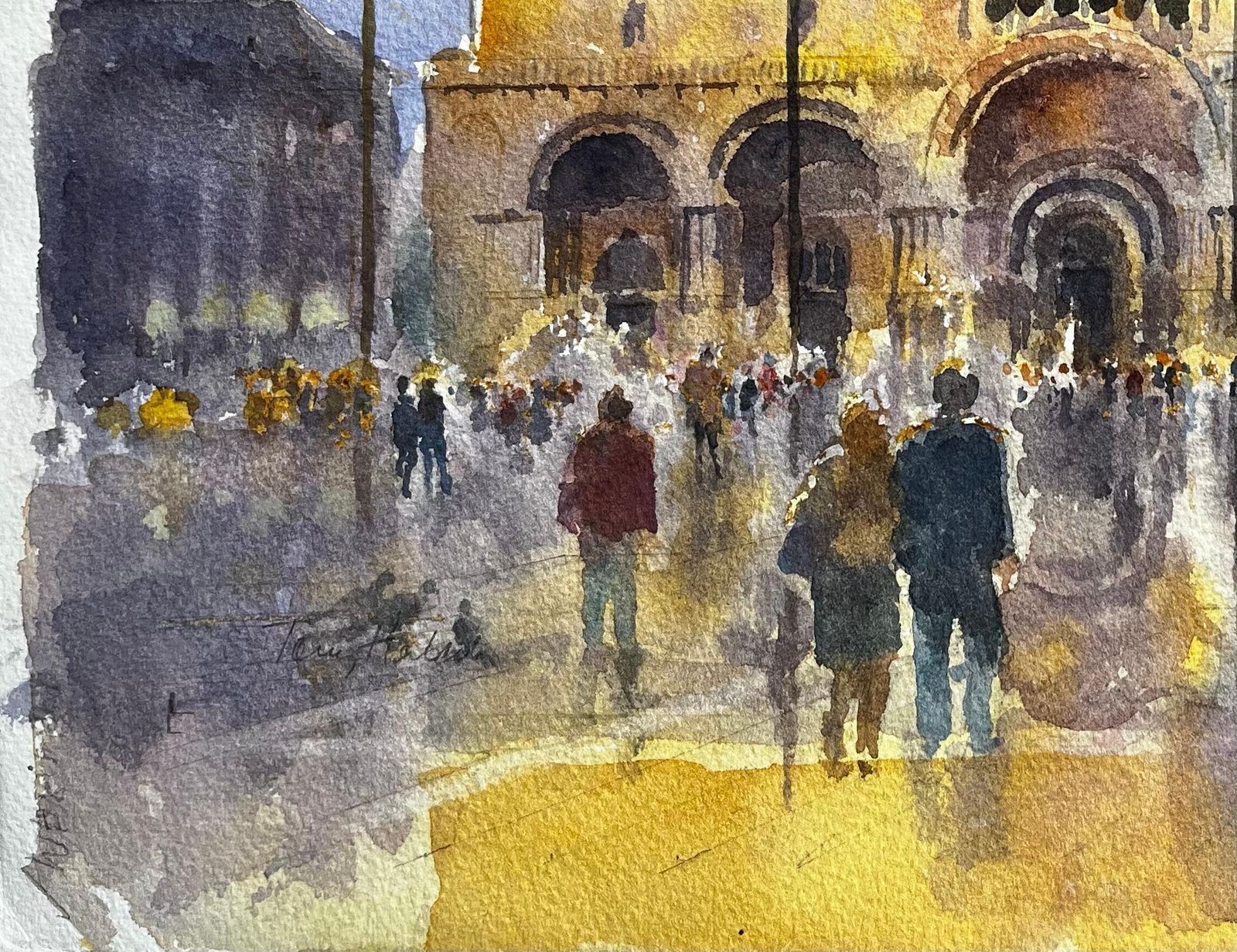 Anthony Herbertst Marks Basilica Venice In Golden Light With Crowds And Reflections Watercolour photo 519.0