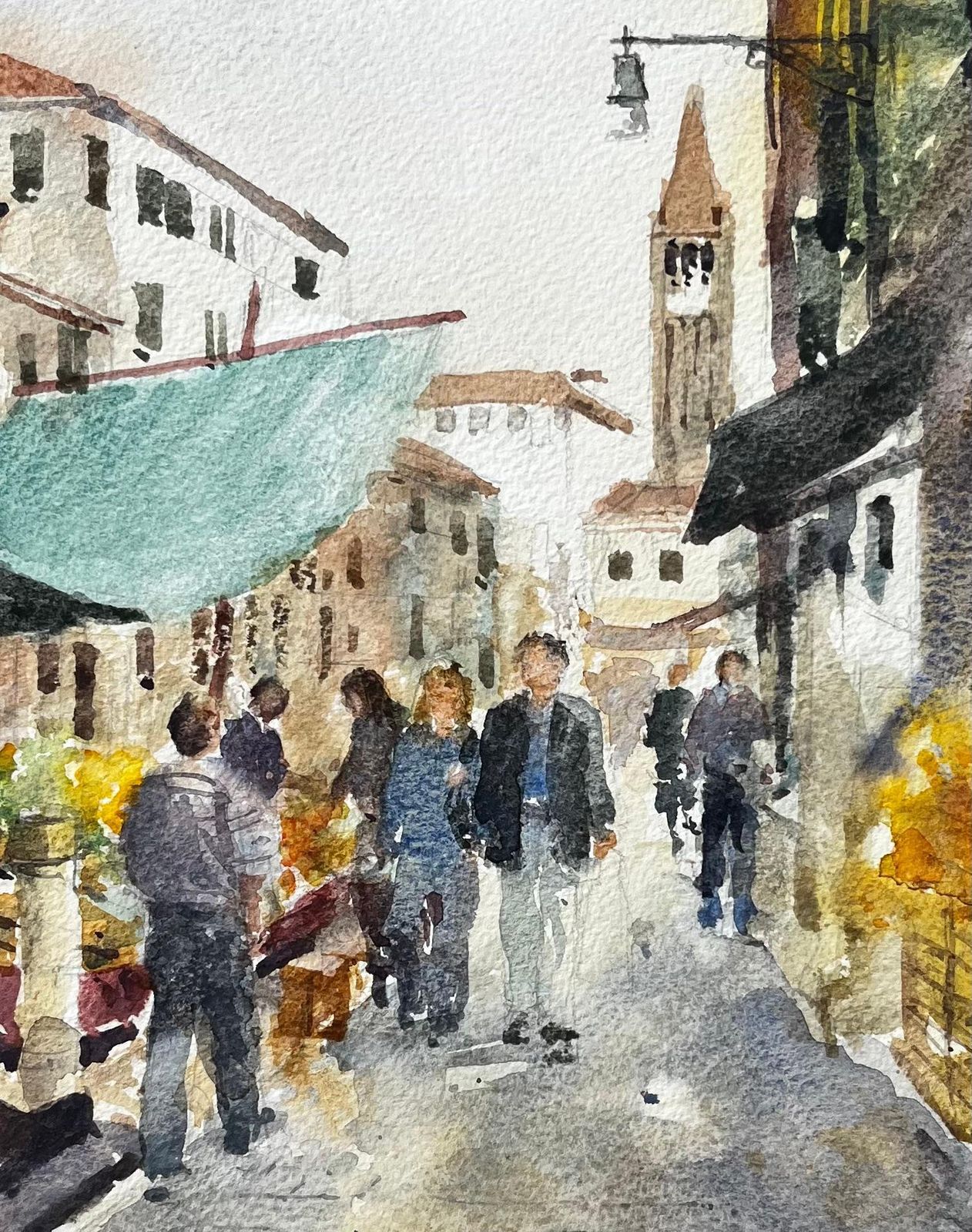 Anthony Herbertvenice Street Scene With Figures Market Stalls Tower Original Watercolour photo buy
