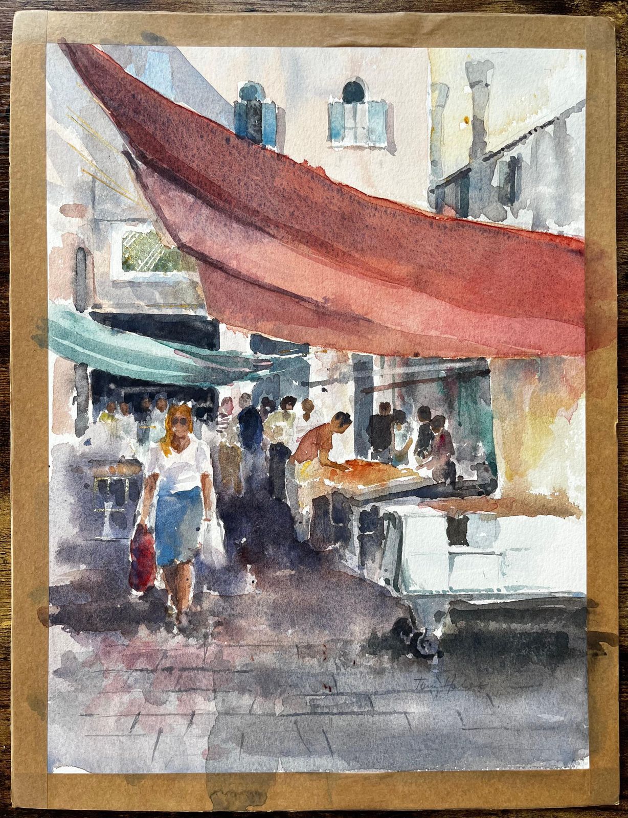 Anthony Herbertvenice Market Scene With Figures And Canopies Original Watercolour Painting photo furniture