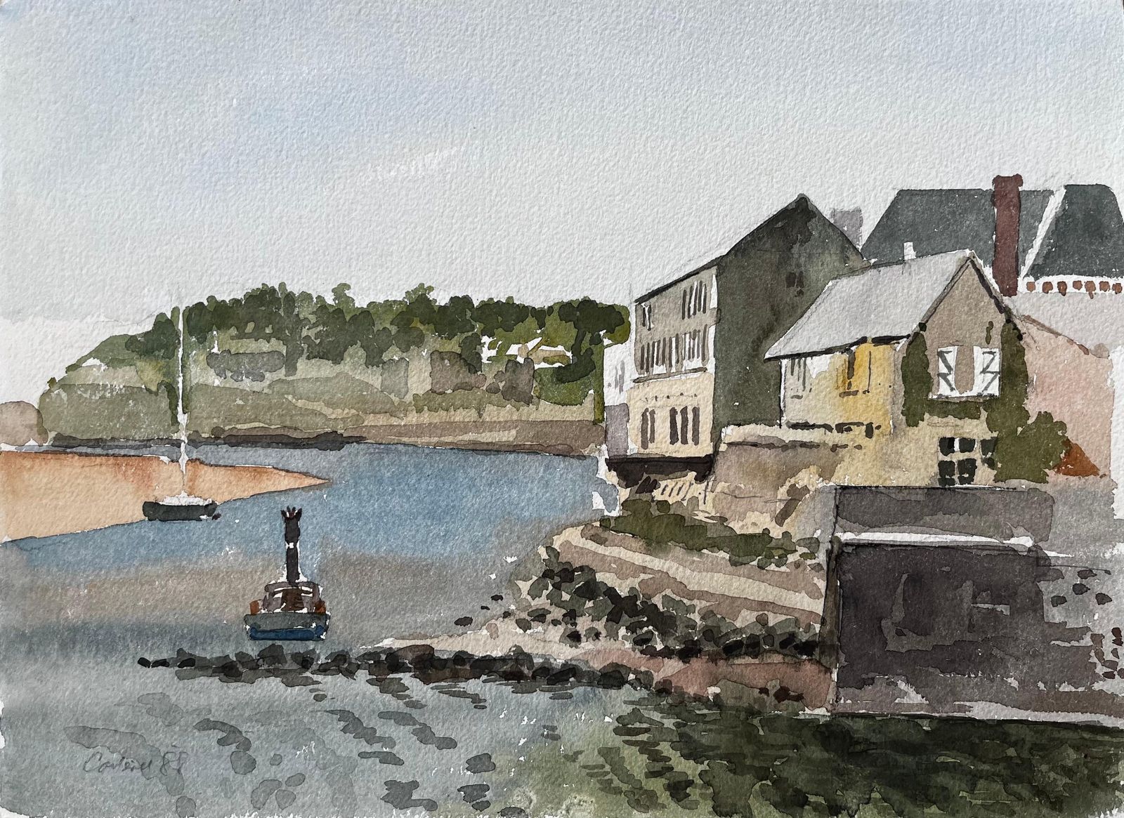 Anthony Herbertcoastal Harbour View With Sailboats And Stone Buildings Cornwall 19881988