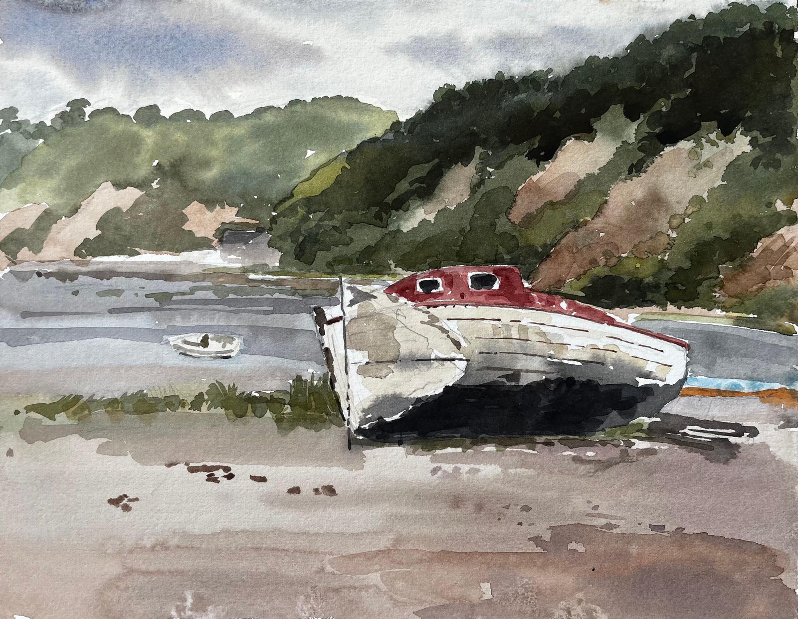 Anthony Herberta La Duc Brittany Beached Boat With Red Cabin And Coastal Hillside France 19851985