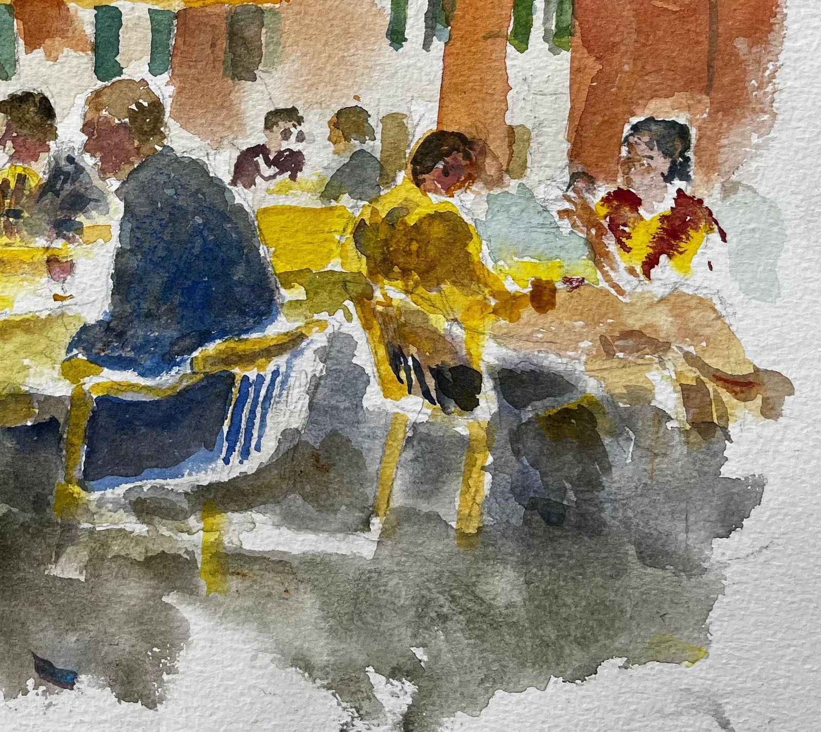 Anthony Herbertcontinental Café Scene With Yellow Striped Awnings And Figures In Conversation photo for sale