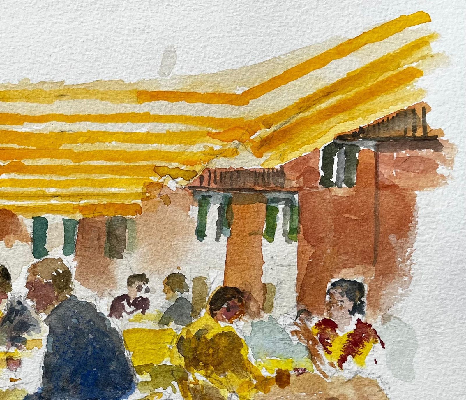 Anthony Herbertcontinental Café Scene With Yellow Striped Awnings And Figures In Conversation photo vinterior