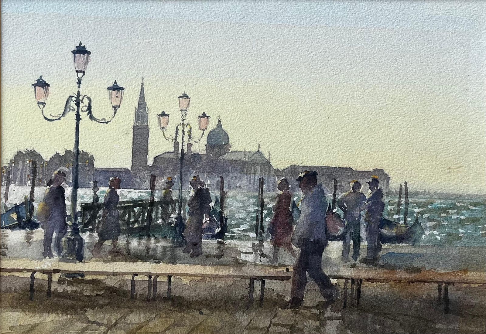 Anthony Herbertvenice Waterfront Painting With Gondolas And Lampposts Original Watercolour