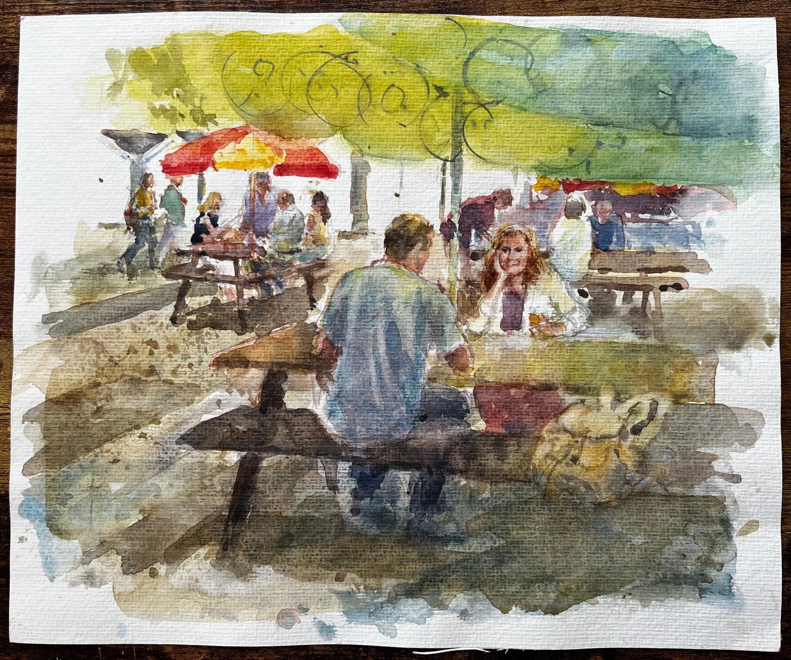 Anthony Herbertoutdoor Cafe Scene With Market Umbrellas And Wooden Picnic Benches photo furniture