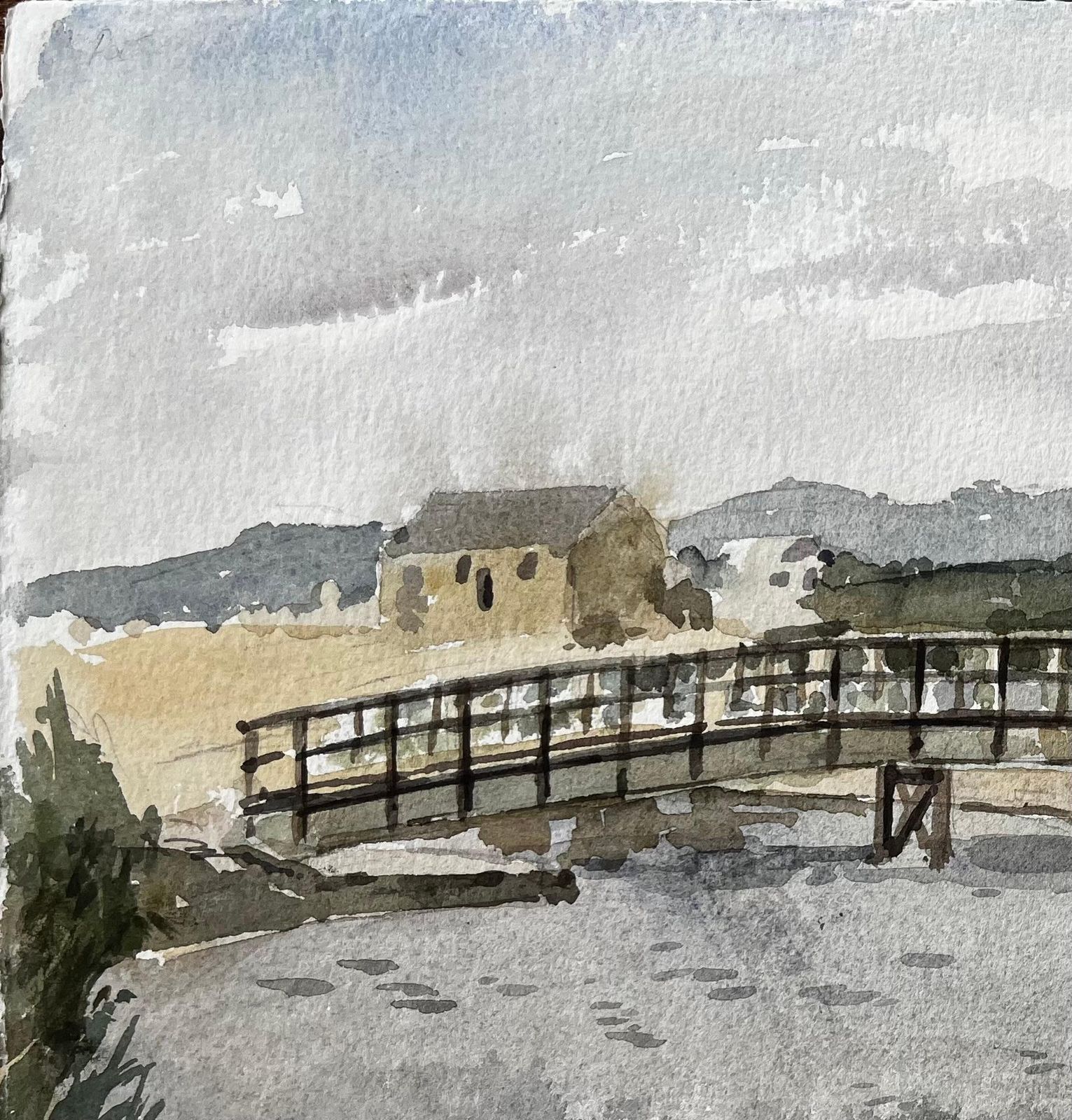 Anthony Herbertcharmouth Dorset River Scene With Wooden Footbridge And Rolling Hills Landscape1996 photo 372.0
