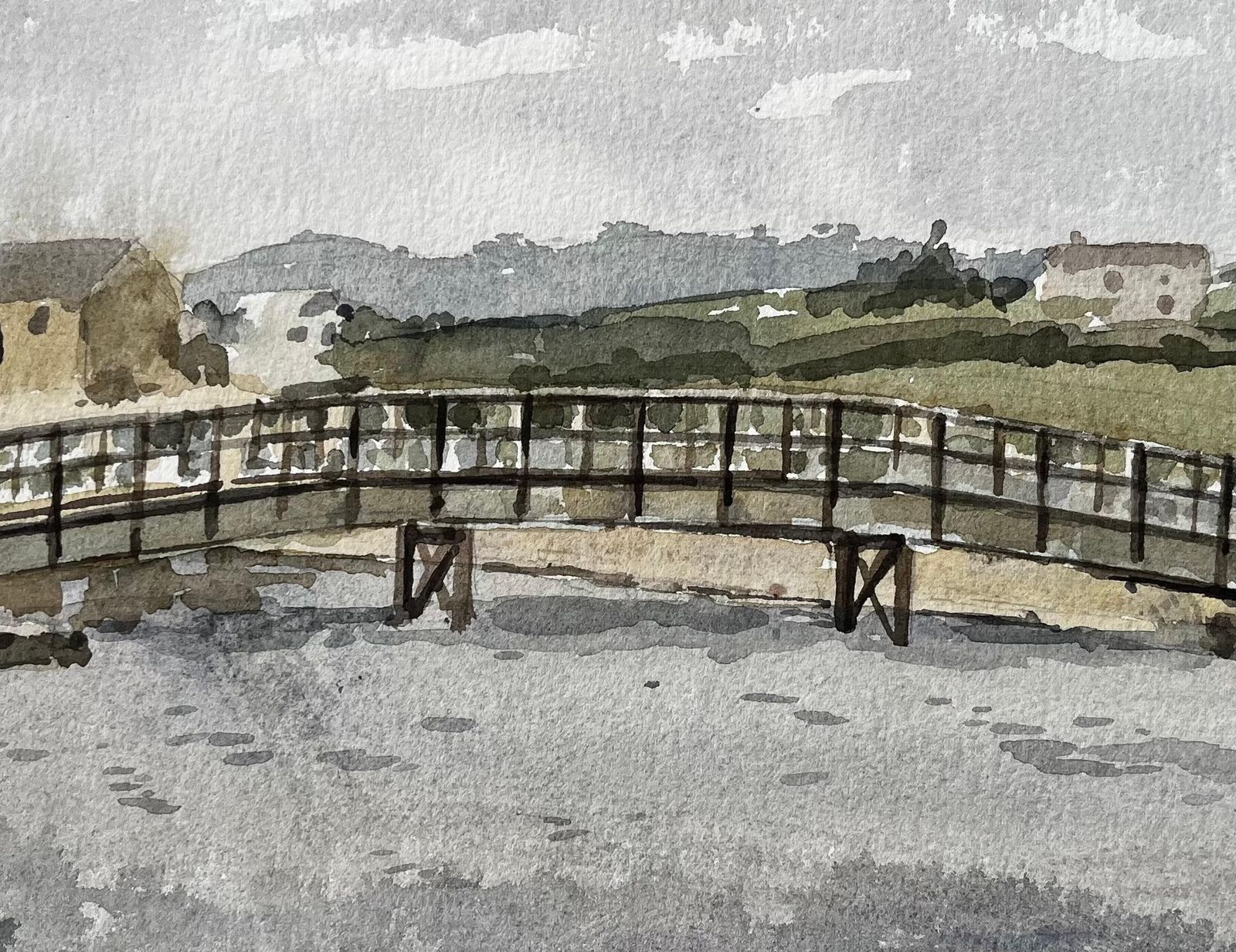 Anthony Herbertcharmouth Dorset River Scene With Wooden Footbridge And Rolling Hills Landscape1996 photo buy