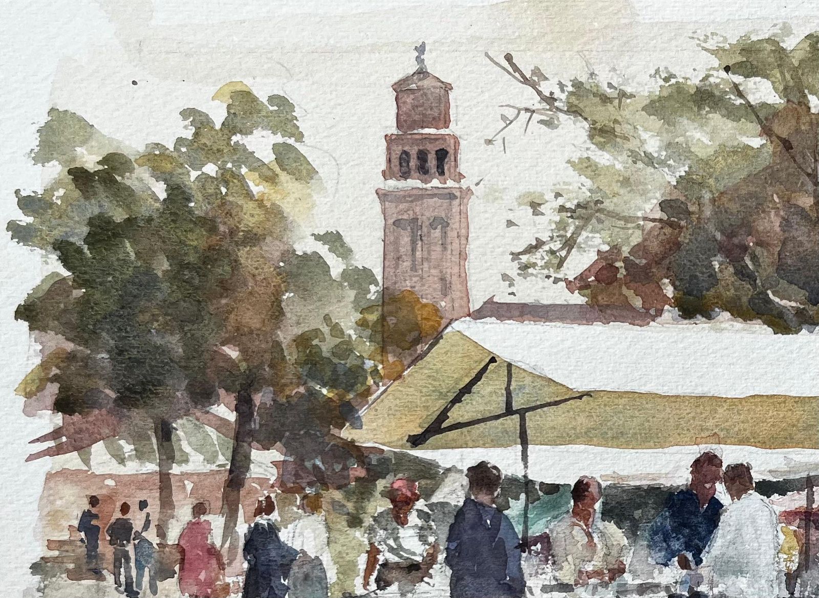Anthony Herbertitalian Market Scene With Umbrellas And Bell Tower Signed Continental Street photo for sale