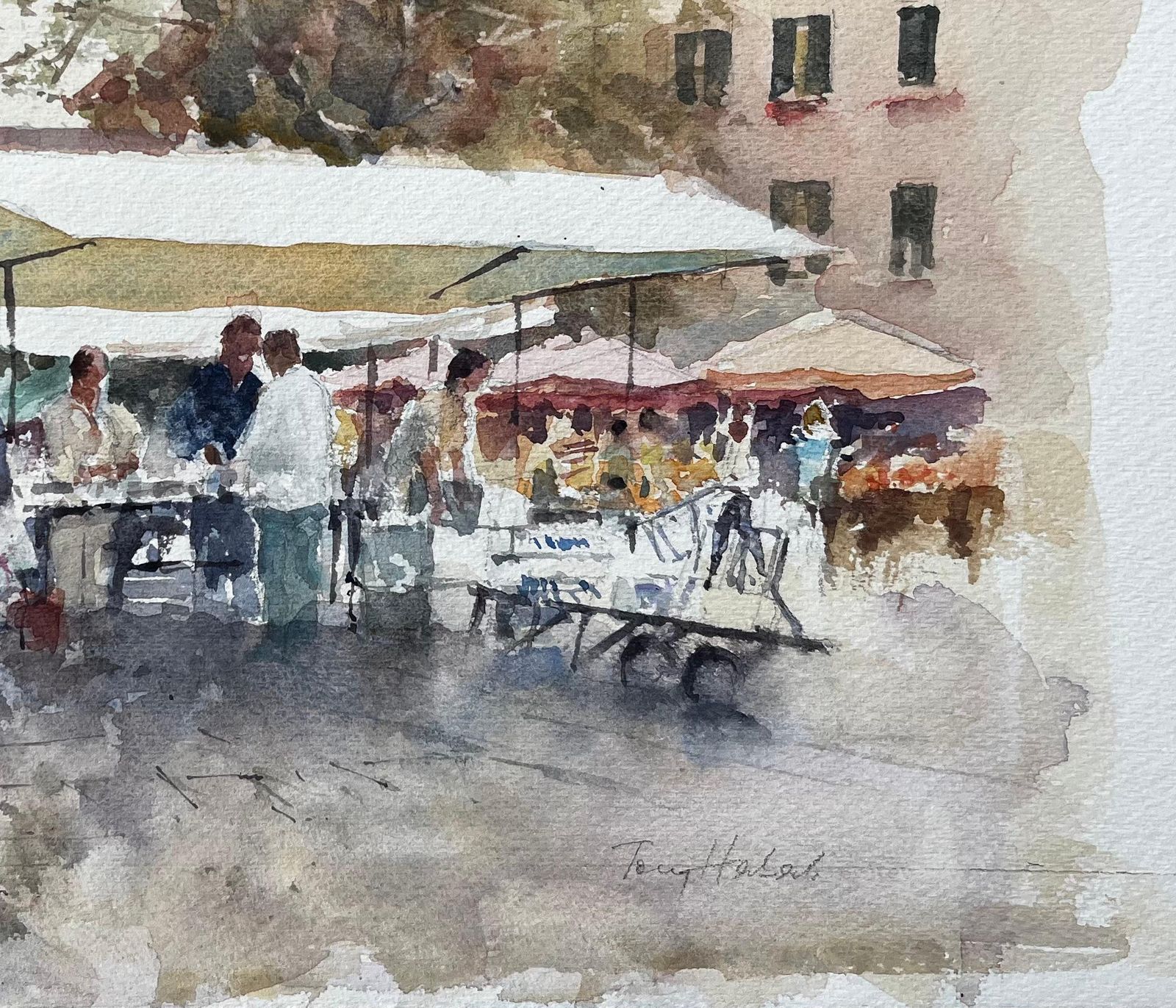 Anthony Herbertitalian Market Scene With Umbrellas And Bell Tower Signed Continental Street photo 489.0