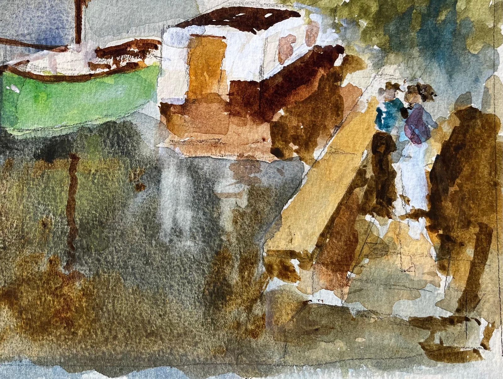 Anthony Herbertgreen Boat And River Thames Scene With Bridge And Houseboat Watercolour1988 photo for sale