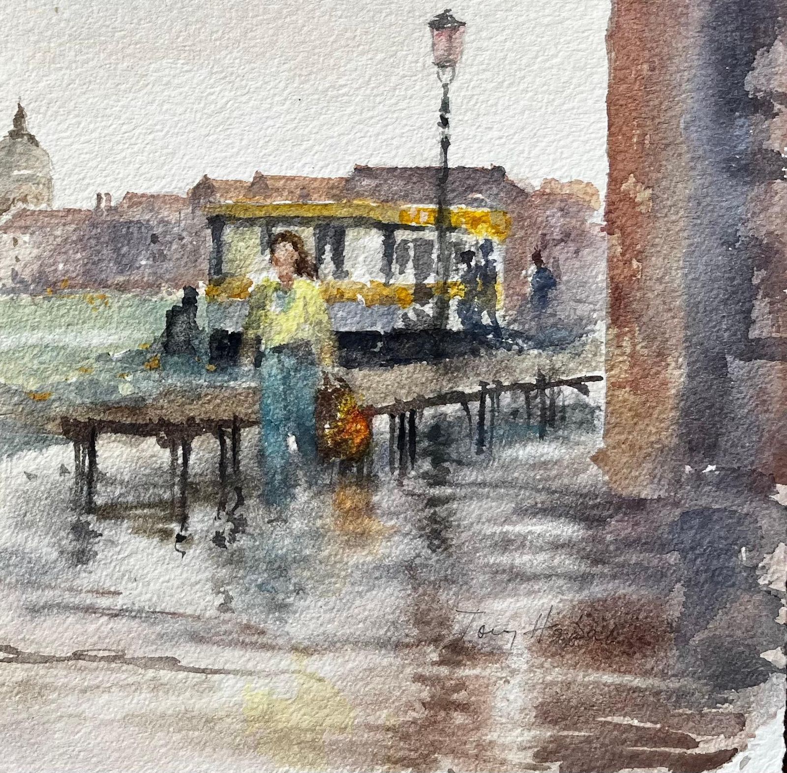 Anthony Herbertvenice Waterfront Scene With Lampposts And Vaporetto Original Watercolour photo for sale