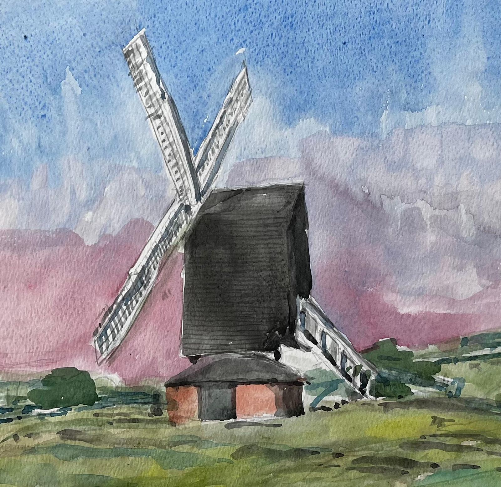 John Steane (B.1931)windmill At Brill Oxfordshire Watercolour Landscape With Dramatic Sky photo buy
