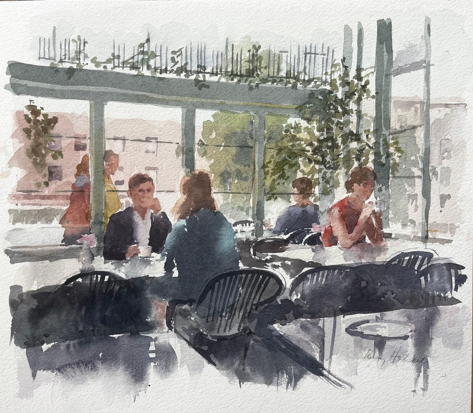 Anthony Herbertmodern Café Scene In Sunlight With Figures And Glass Walls By Tony Herbert