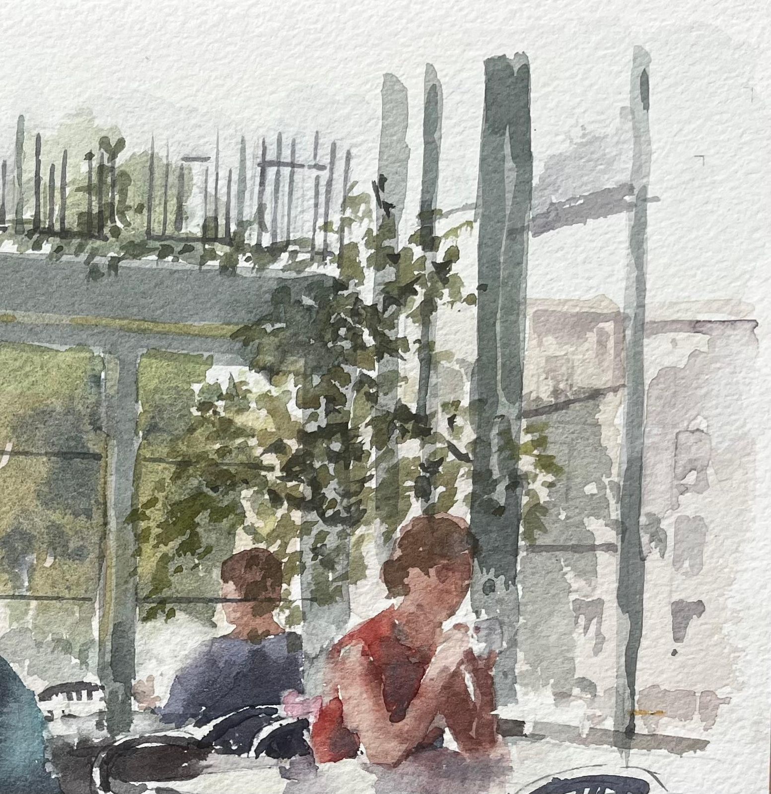 Anthony Herbertmodern Café Scene In Sunlight With Figures And Glass Walls By Tony Herbert photo for sale
