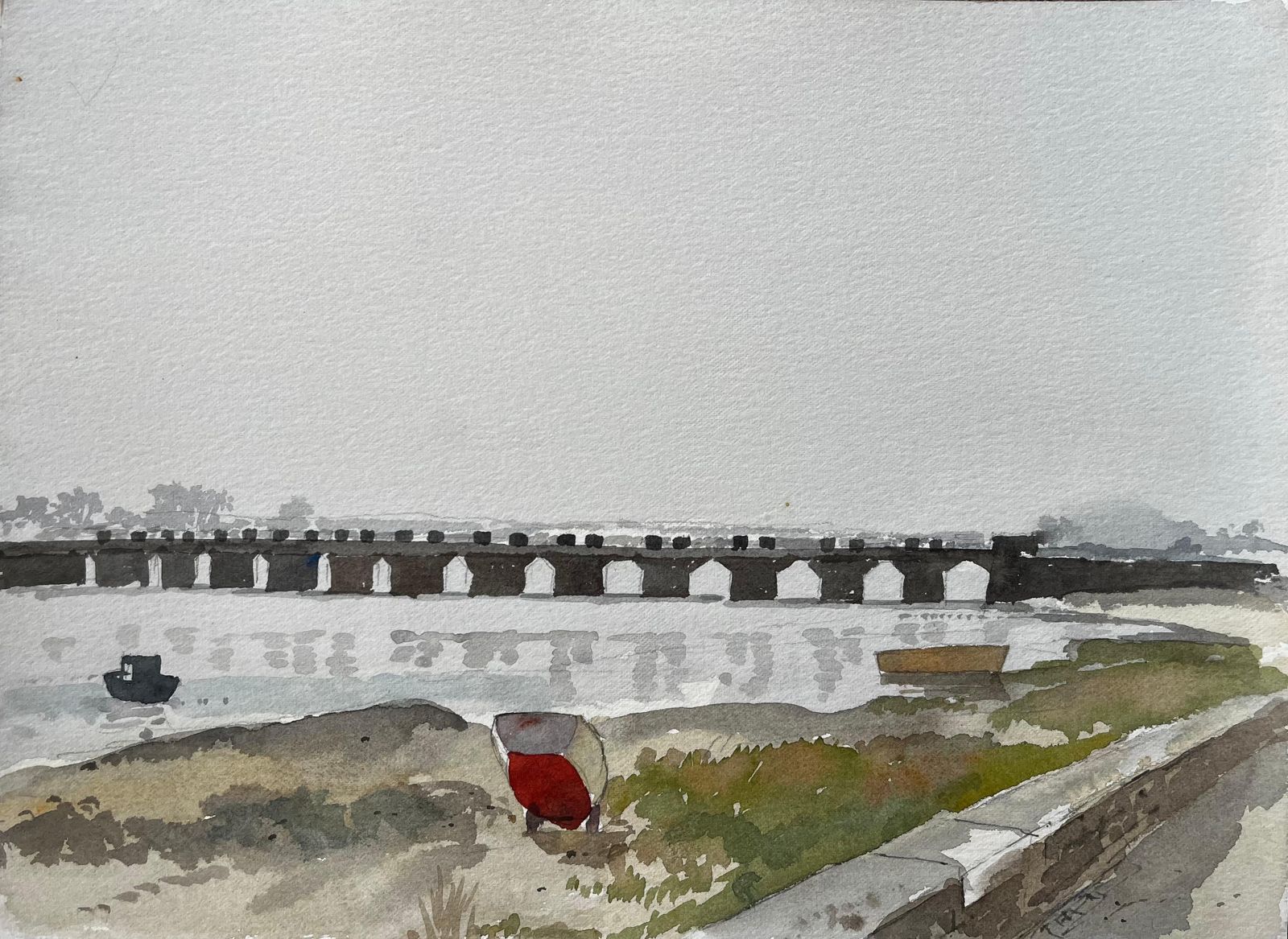 Anthony Herbertpont Bel Brittany Arched Bridge Over Water With Moored Boats And Red Hull 19881988