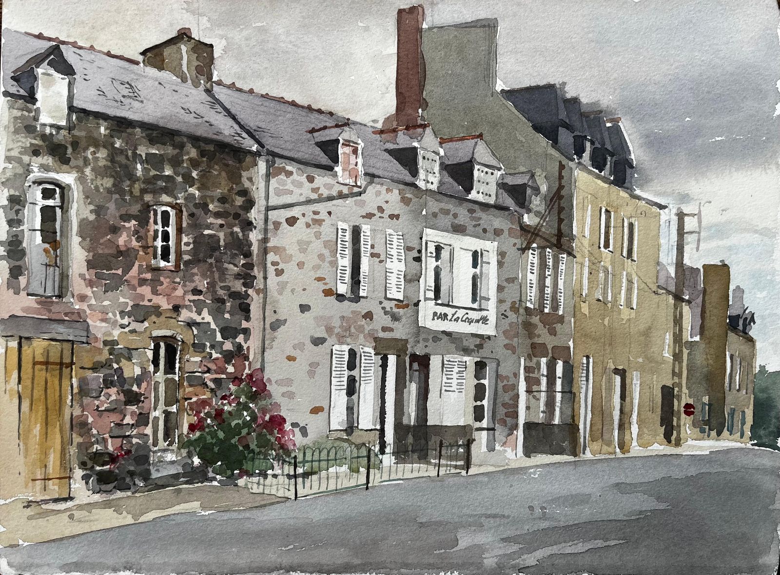 Anthony Herbertfrench Street Scene With Bar La Coquille Normandy Style Townhouse Watercolour1985