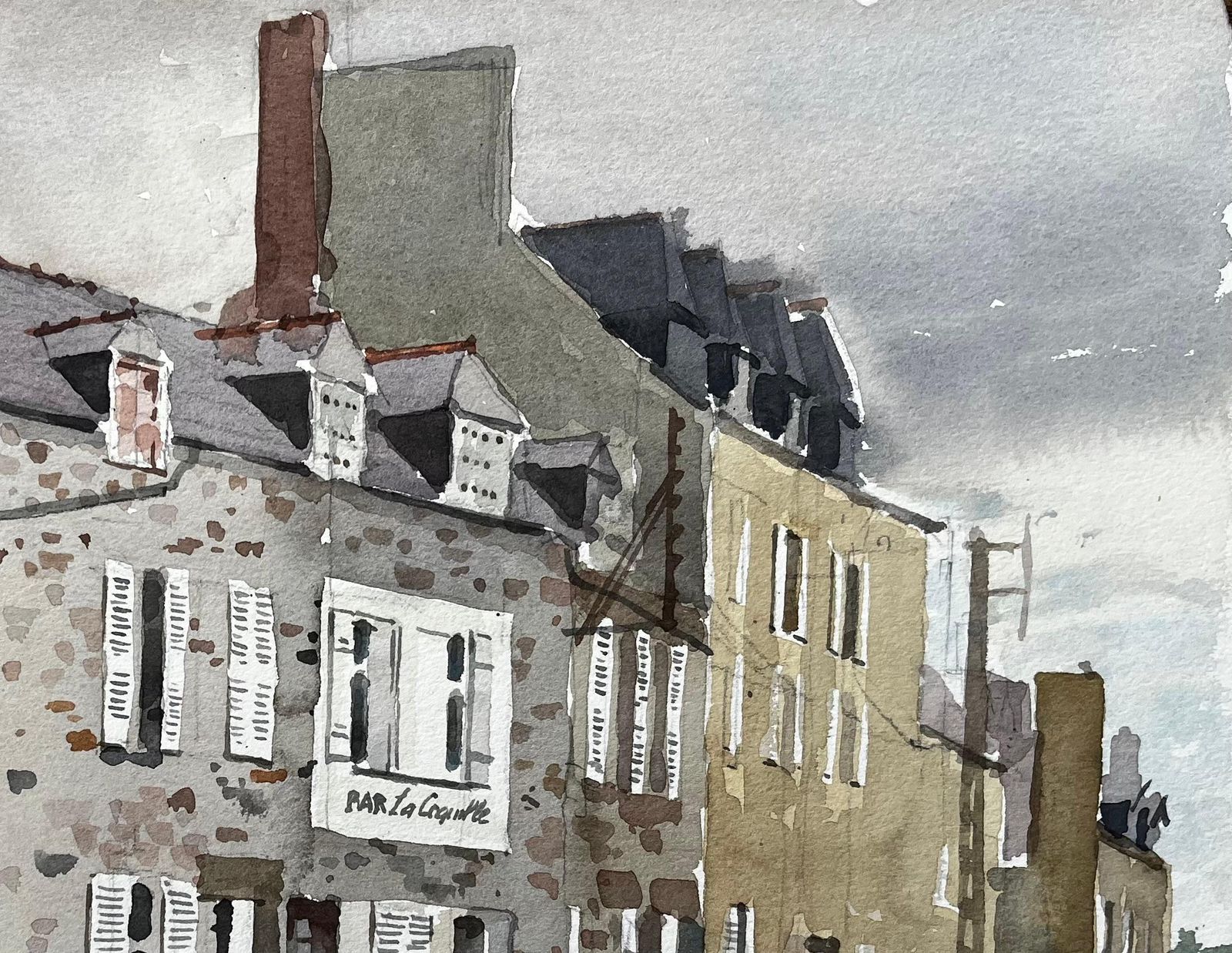 Anthony Herbertfrench Street Scene With Bar La Coquille Normandy Style Townhouse Watercolour1985 photo Art