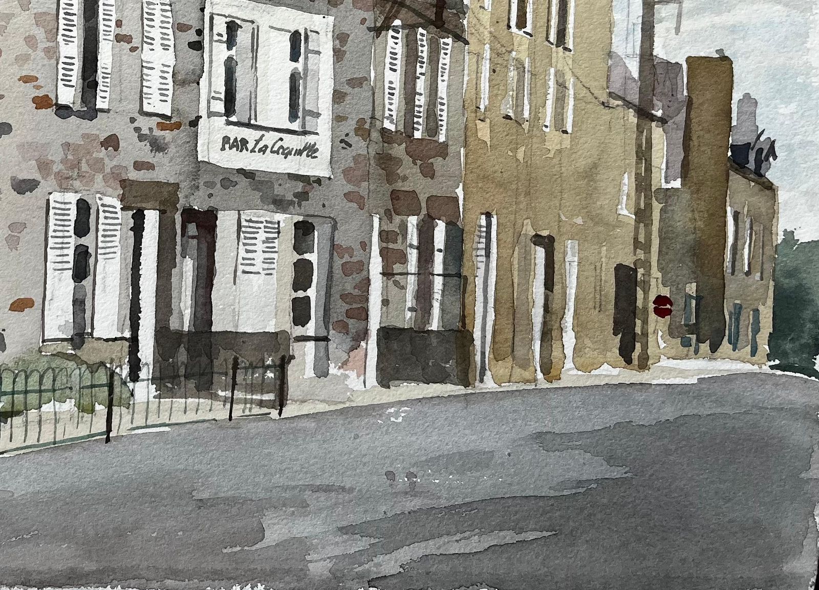 Anthony Herbertfrench Street Scene With Bar La Coquille Normandy Style Townhouse Watercolour1985 photo 377.0