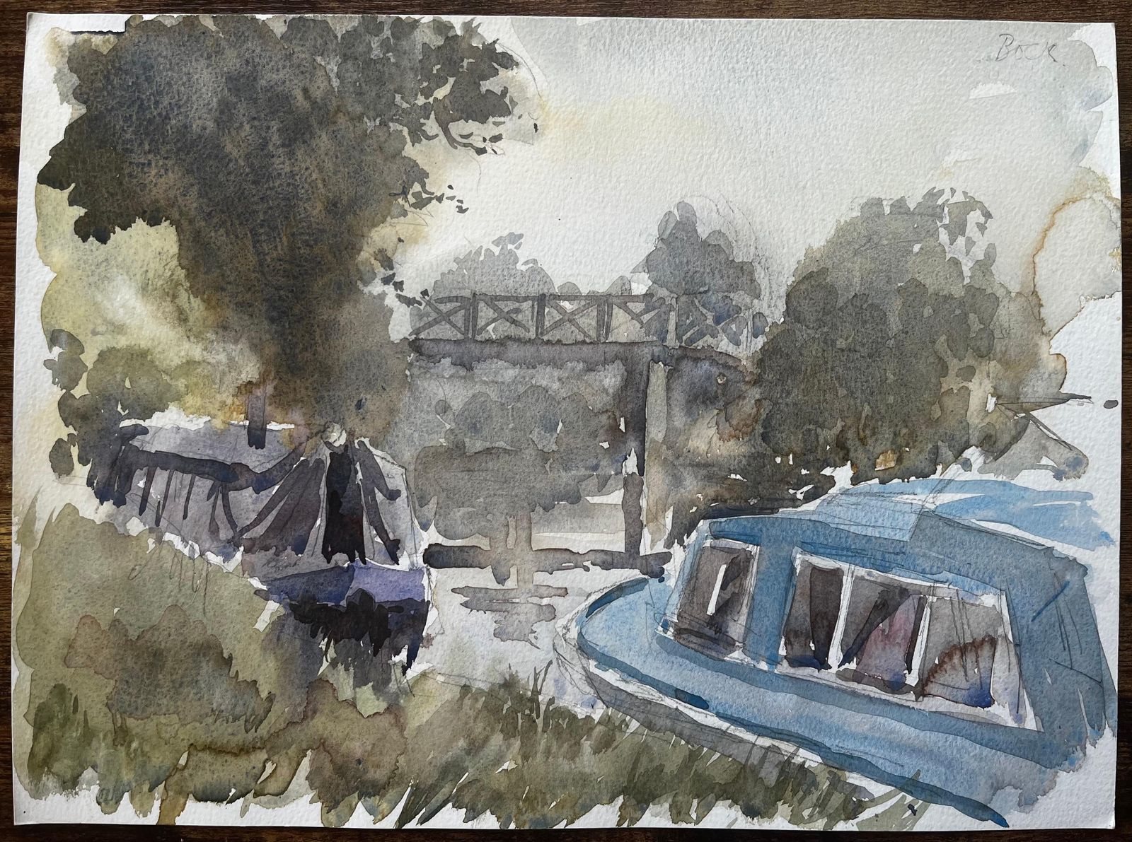 Anthony Herbertcaldon Canal With Narrowboats Footbridge And Trees Staffordshire Scene 19971997 photo furniture