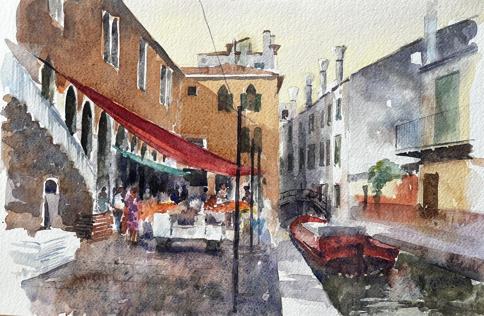 Anthony Herbertvenice Market Scene With Red Boat And Canal Bridge Original Watercolour Painting