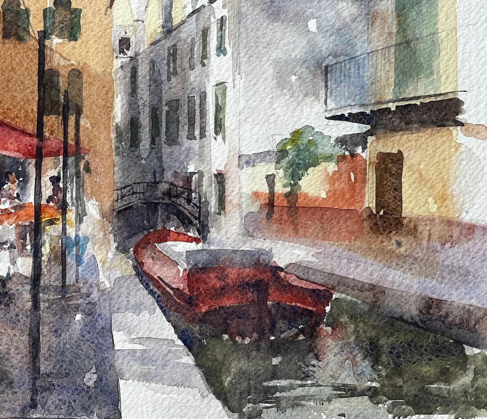 Anthony Herbertvenice Market Scene With Red Boat And Canal Bridge Original Watercolour Painting photo vinterior
