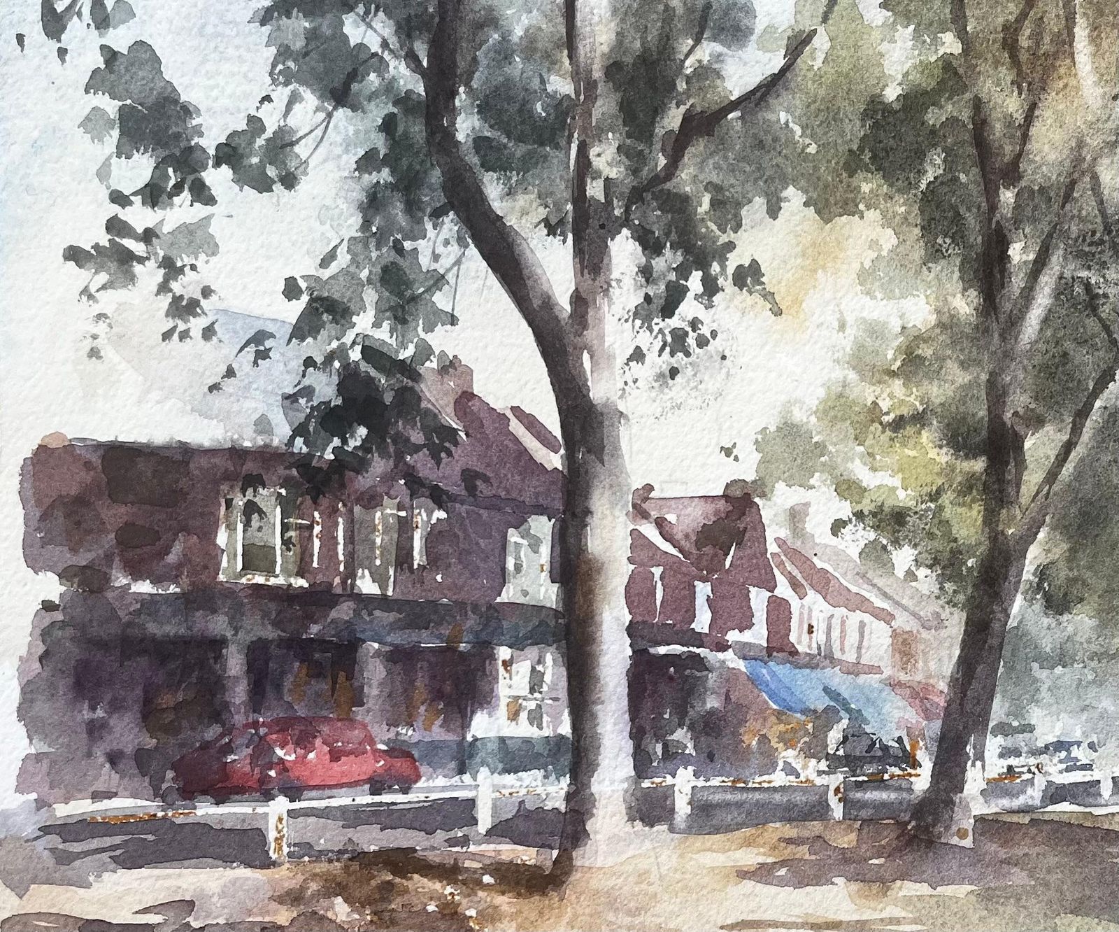 Anthony Herberttree Lined Street With Shops And Red Car West London Suburban Watercolour Scene photo for sale