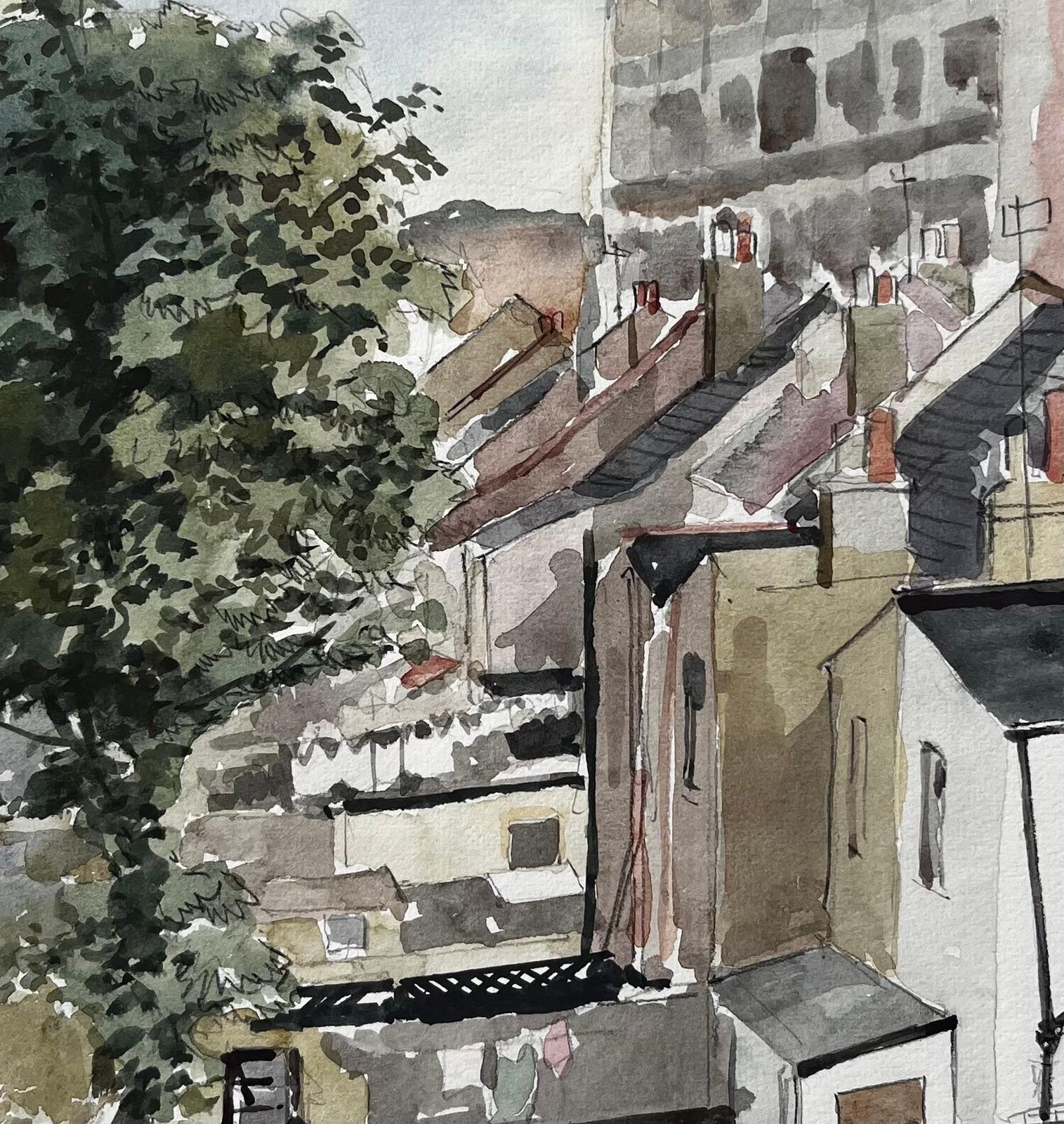 Anthony Herbertview Of Rooftops And Tower Block With Tree London 1979 Watercolour1979 photo buy