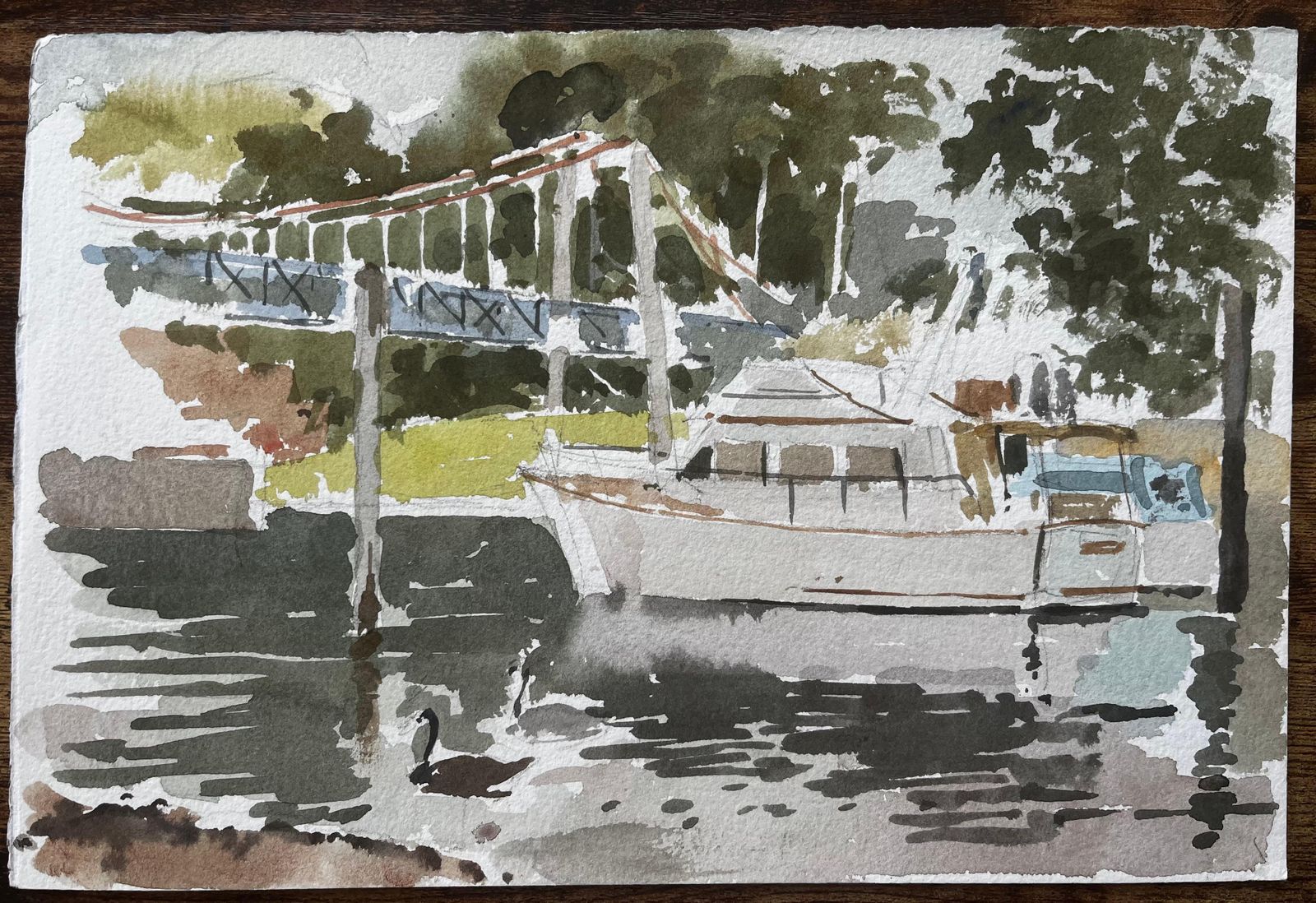 Anthony Herbertteddington Bridge River Thames Scene With Boat Swan And Trees Watercolour photo furniture
