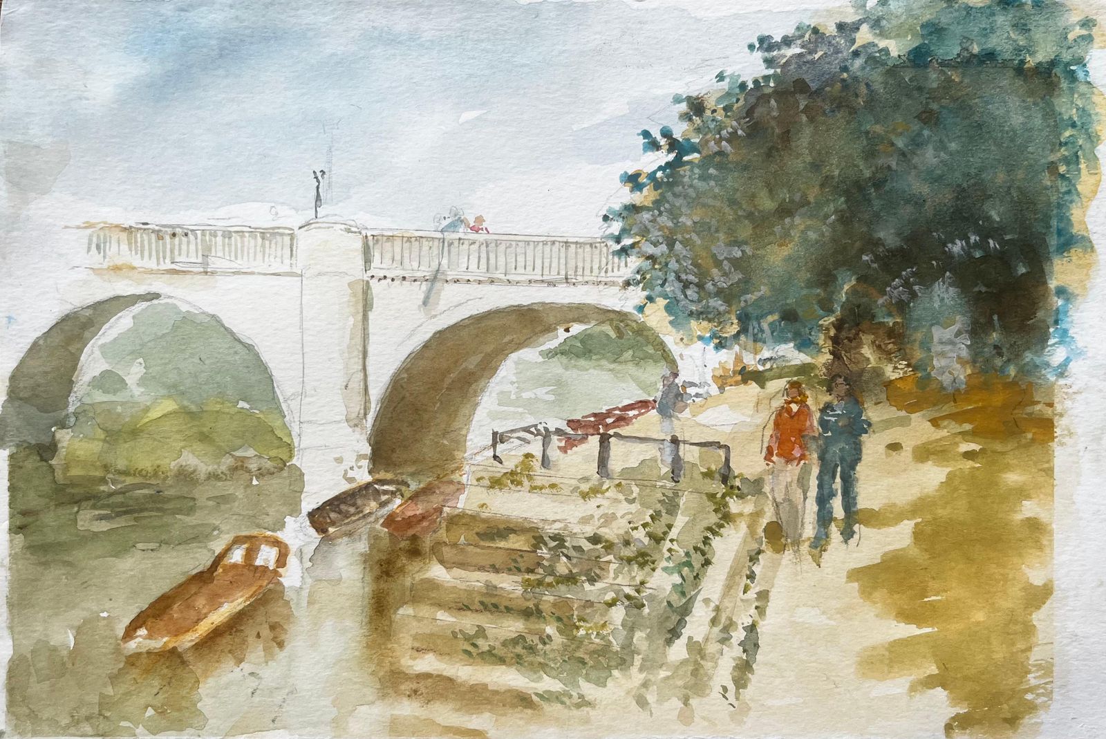 Anthony Herbertriverside Walk By Richmond Bridge With Boats And Trees London Watercolour Scene